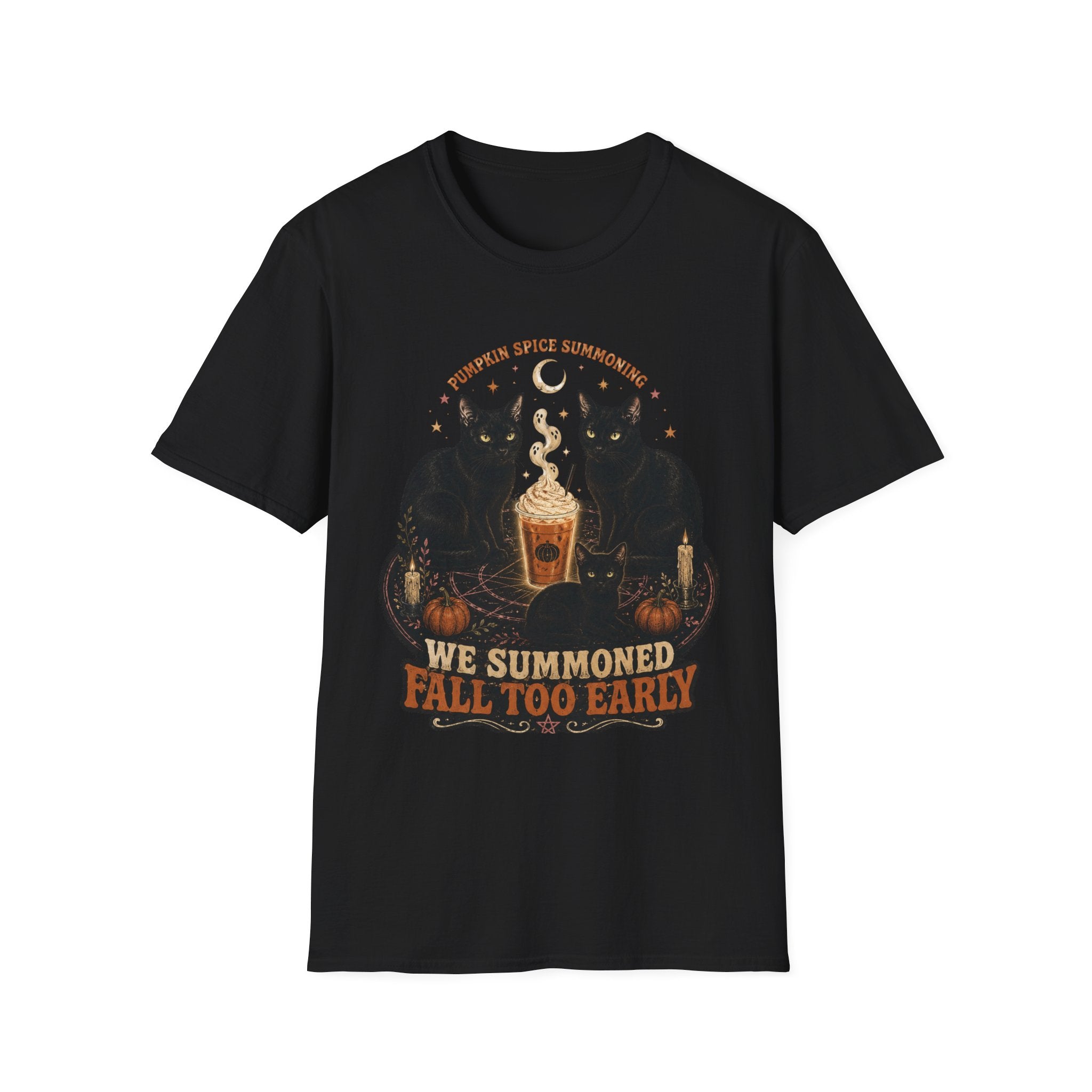 Pumpkin Spice Summoning T-Shirt | Black Cats, Fall Latte Illustration