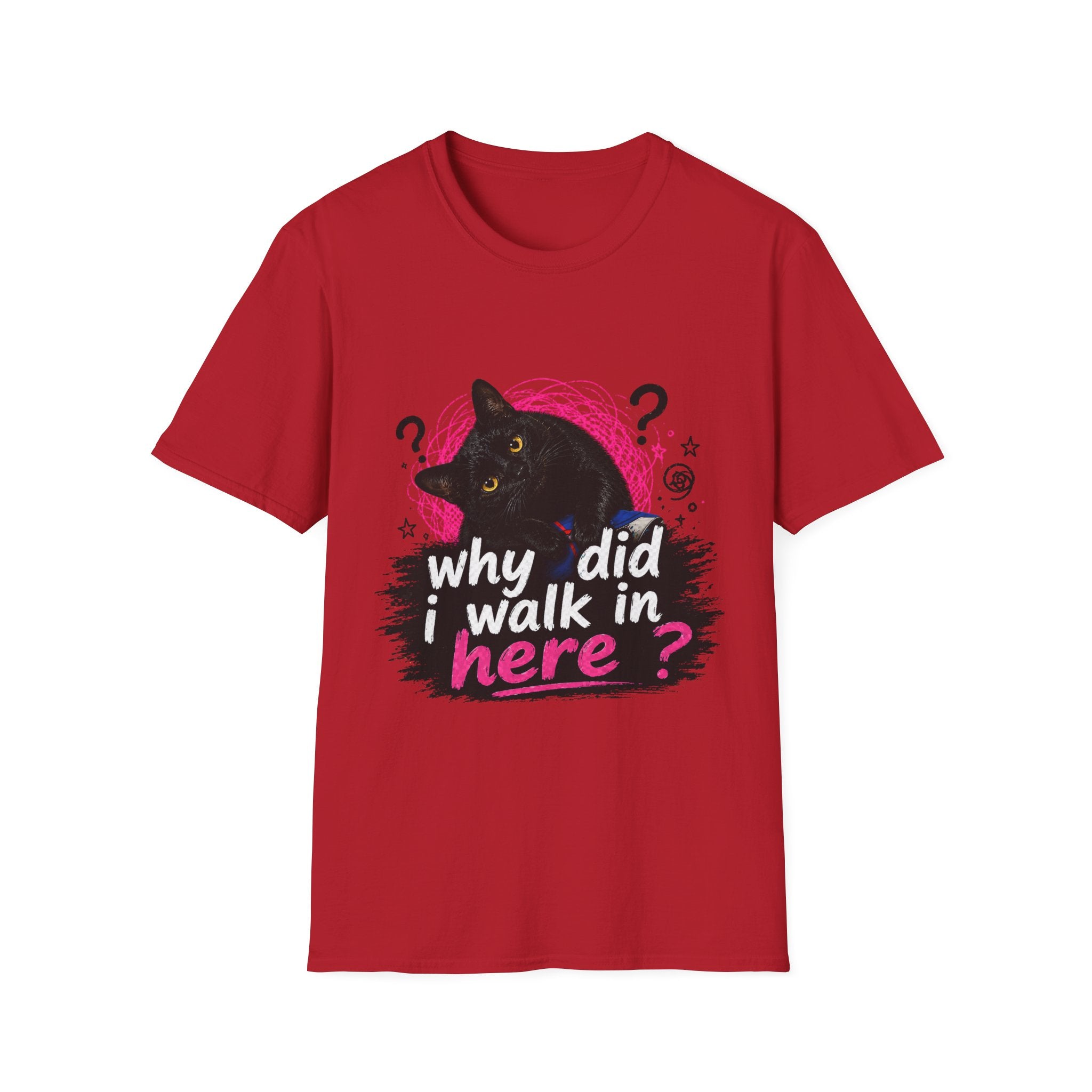Confused Black Cat why did I walk in here? T-Shirt | Cat Humor Tee