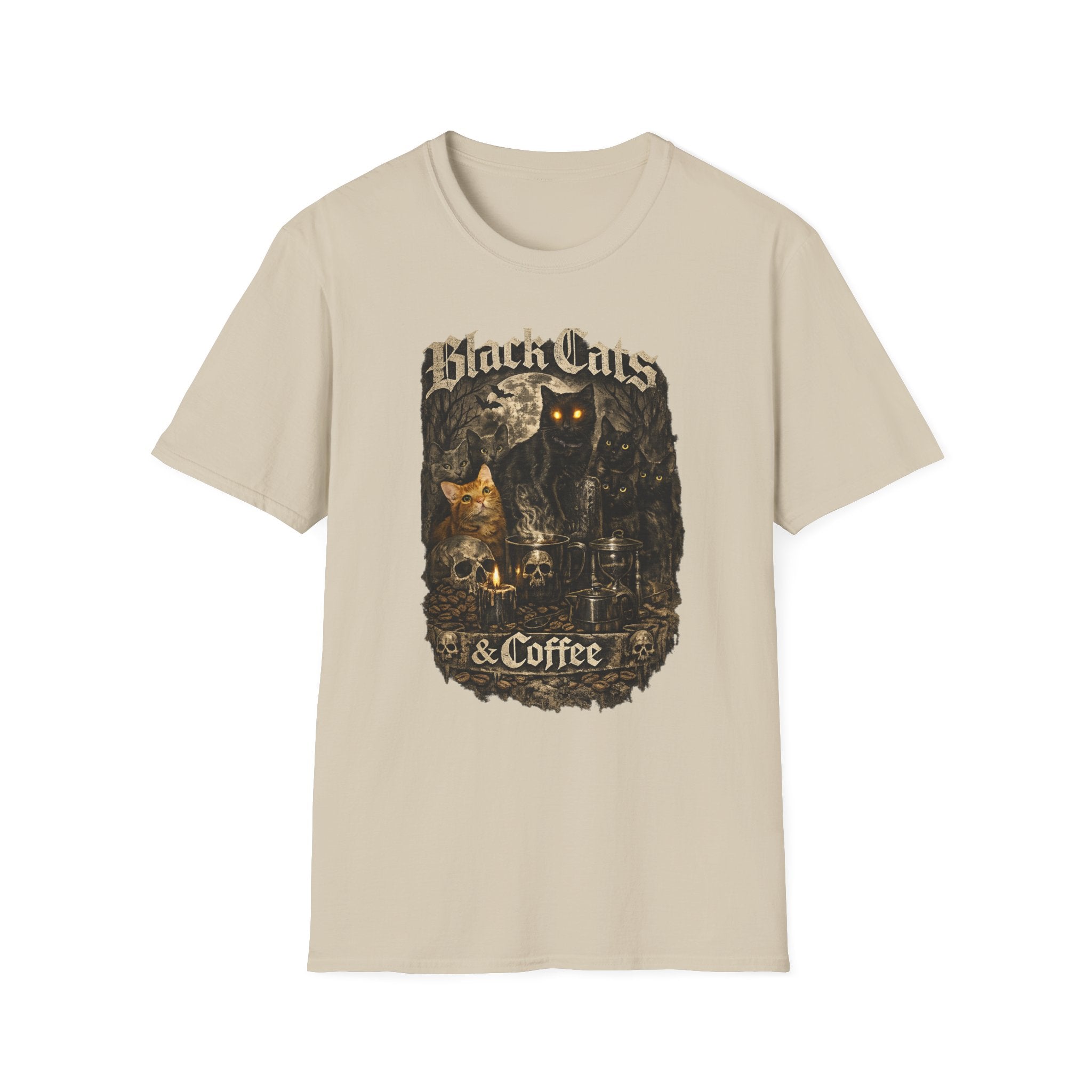Black Cats & Coffee T-Shirt | Vintage Gothic Cat Illustration, Coffee Lover