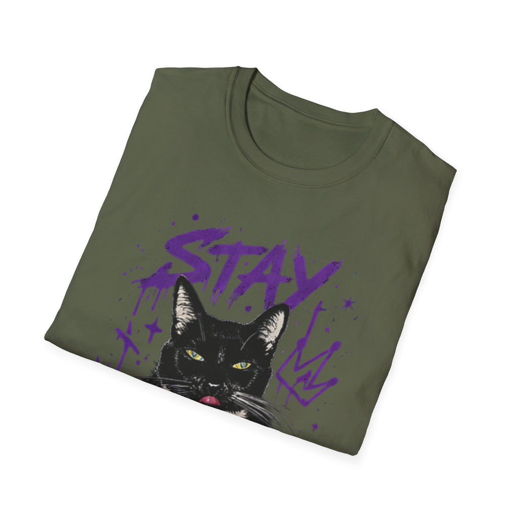 Stay Feral Cat Illustration T-Shirt | Black Cat, Purple Graffiti Text