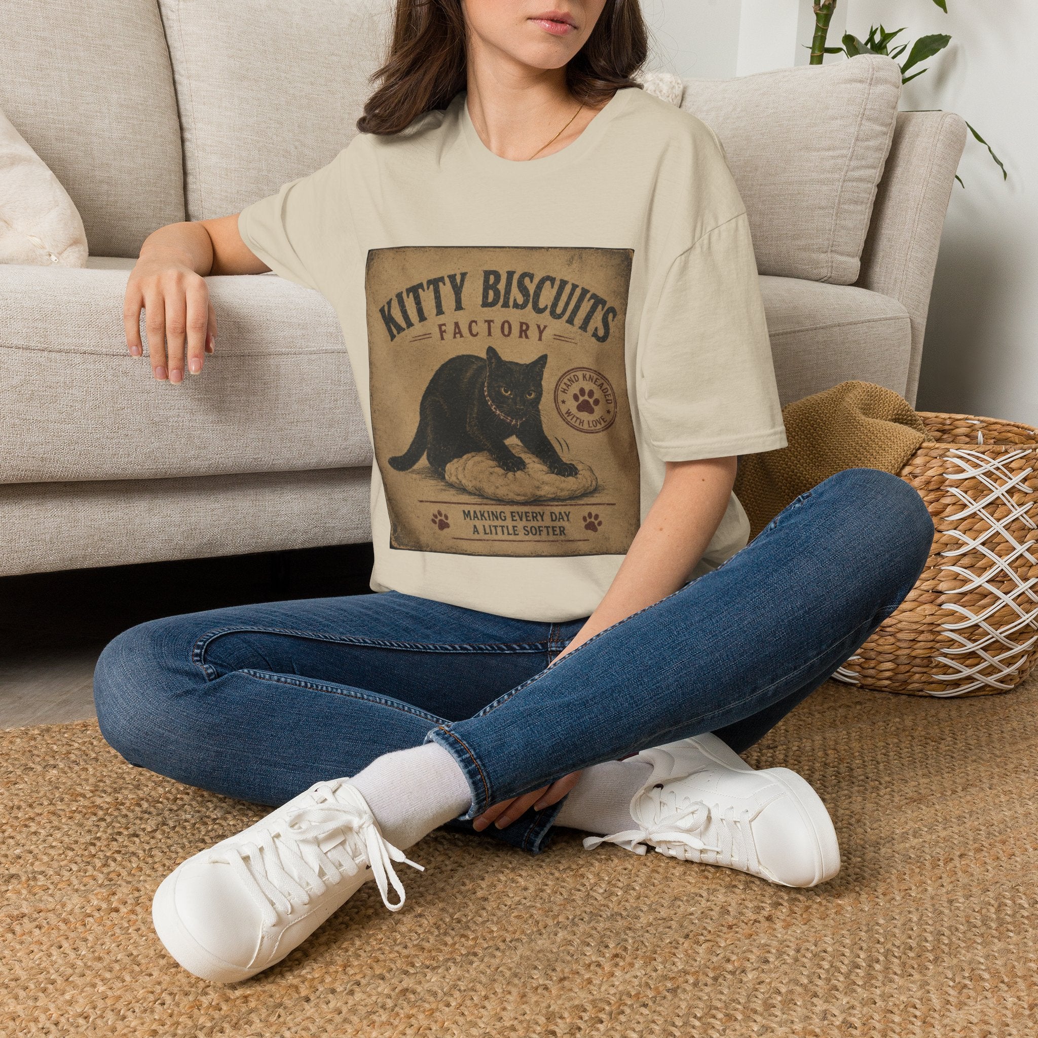 Kitty Biscuits Factory T-Shirt | Vintage Black Cat Illustration
