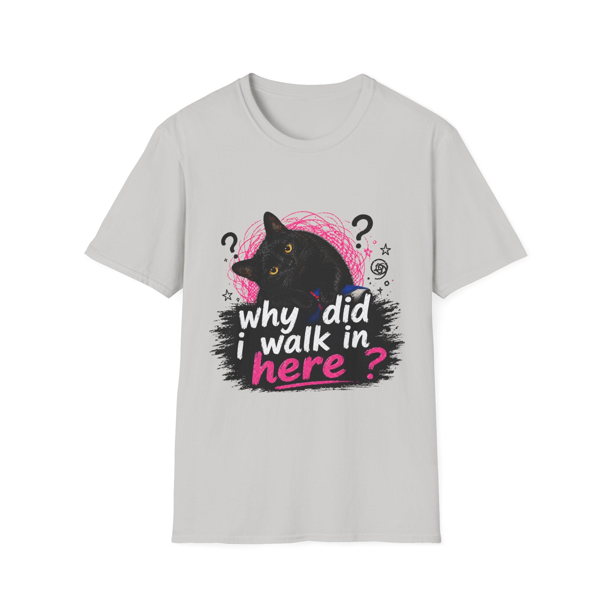 Confused Black Cat why did I walk in here? T-Shirt | Cat Humor Tee