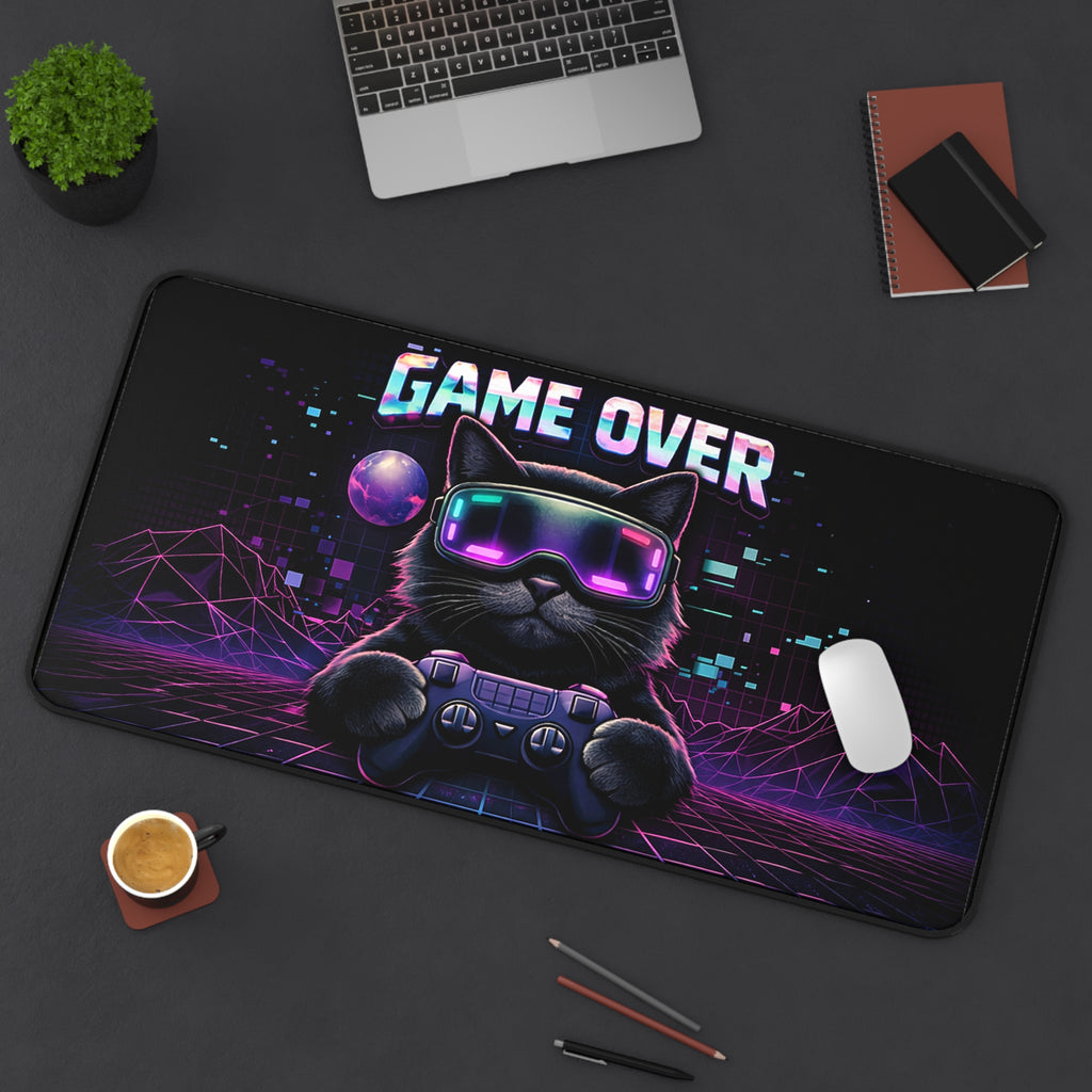 Game Over Retro Cyberpunk Cat Desk Mat | Gaming Mouse Pad