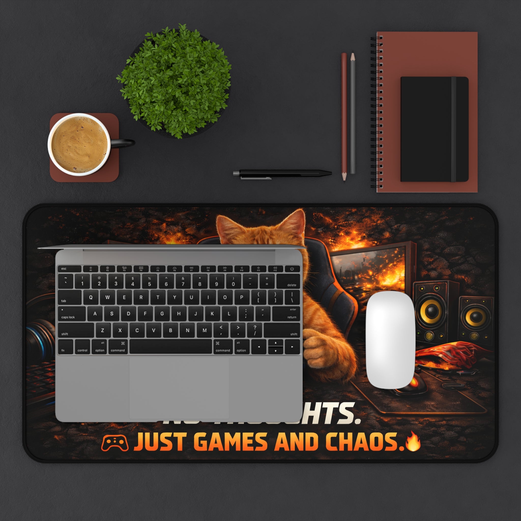 Gamer Cat Playing Controller Desk Mat | No Thoughts Just Games and Chaos