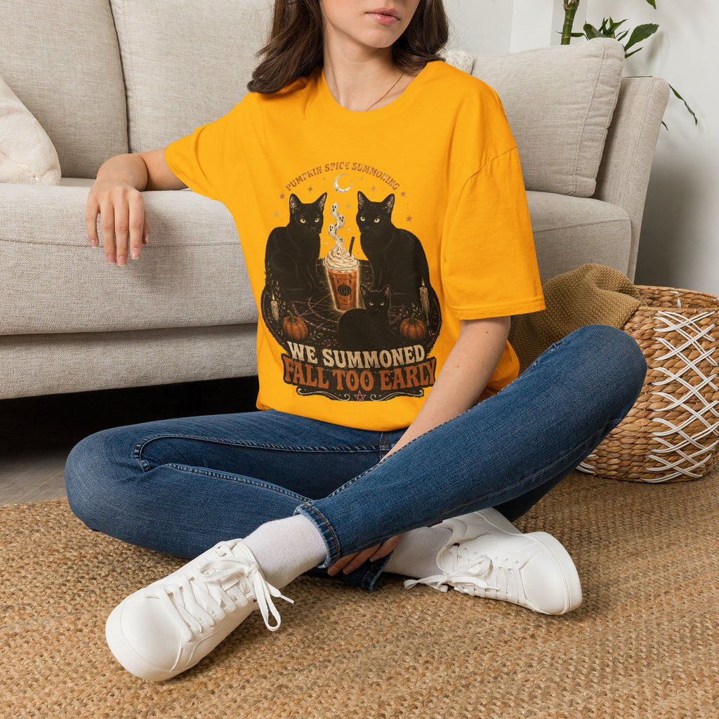Pumpkin Spice Summoning T-Shirt | Black Cats, Fall Latte Illustration
