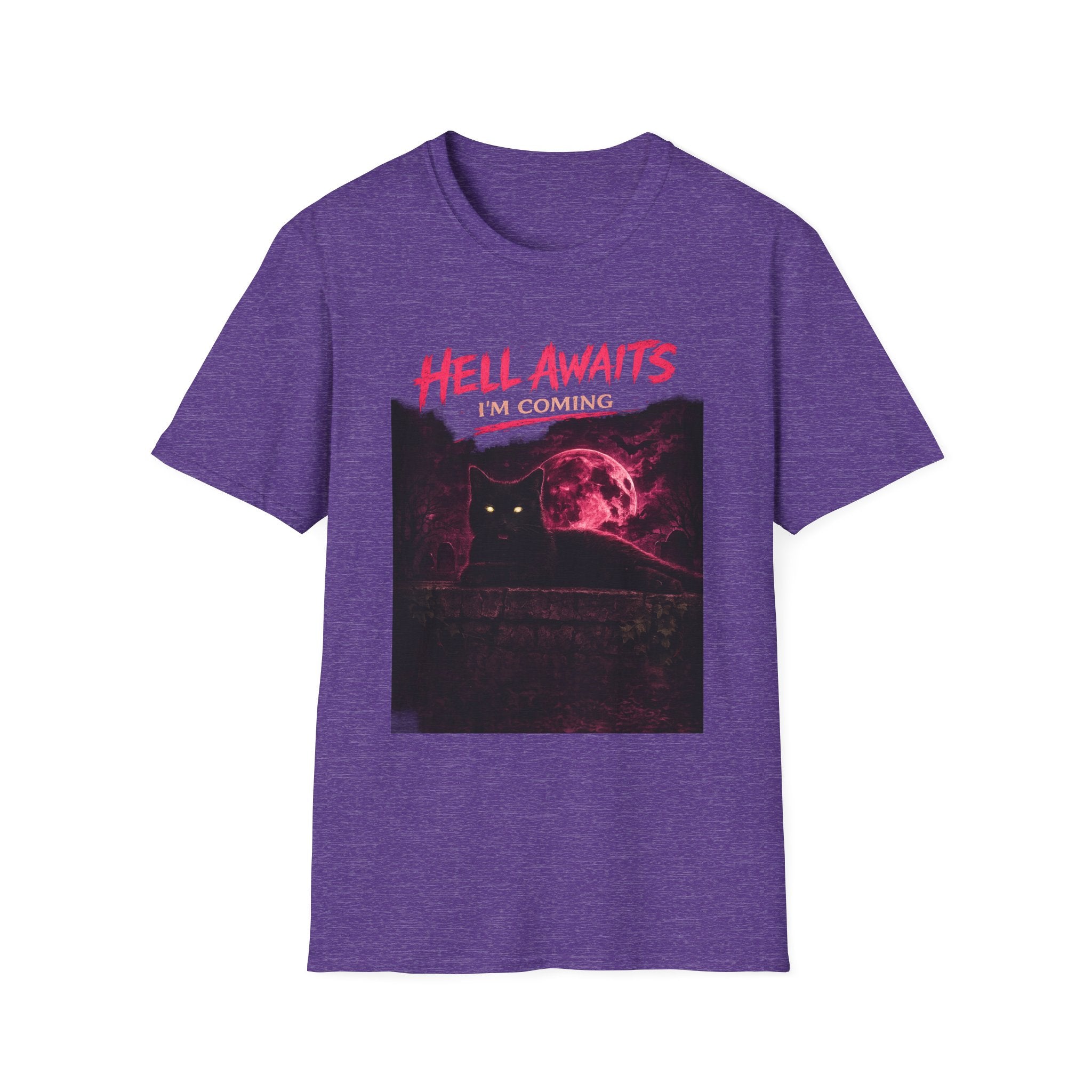 Hell Awaits I'm Coming cat graphic T-Shirt | Gothic moon, neon pink horror