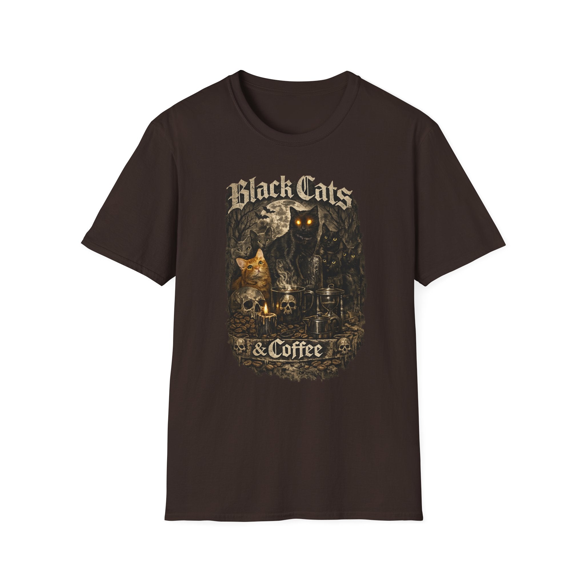 Black Cats & Coffee T-Shirt | Vintage Gothic Cat Illustration, Coffee Lover