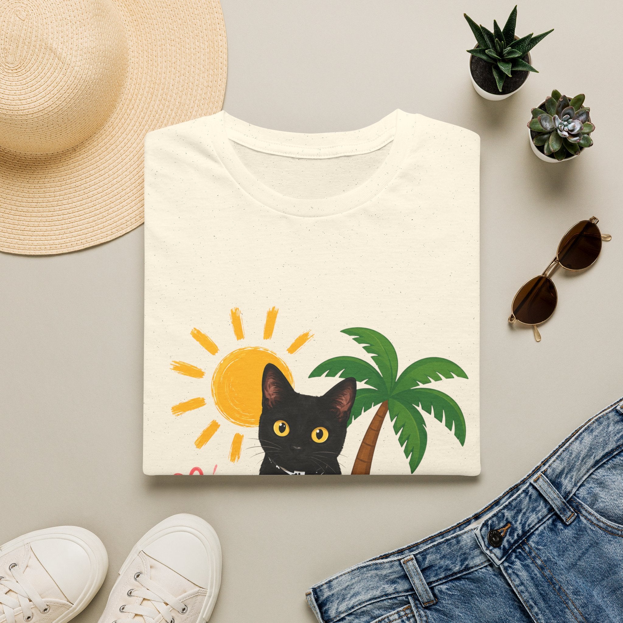 Black Cat Beach Scene T-Shirt | Palm Tree, Sun, Hibiscus
