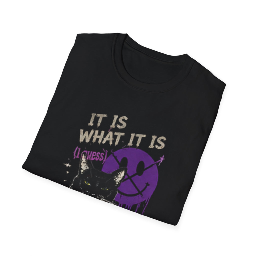 Grinning Black Cat with Purple Drip Smiley T-Shirt | It Is What It Is