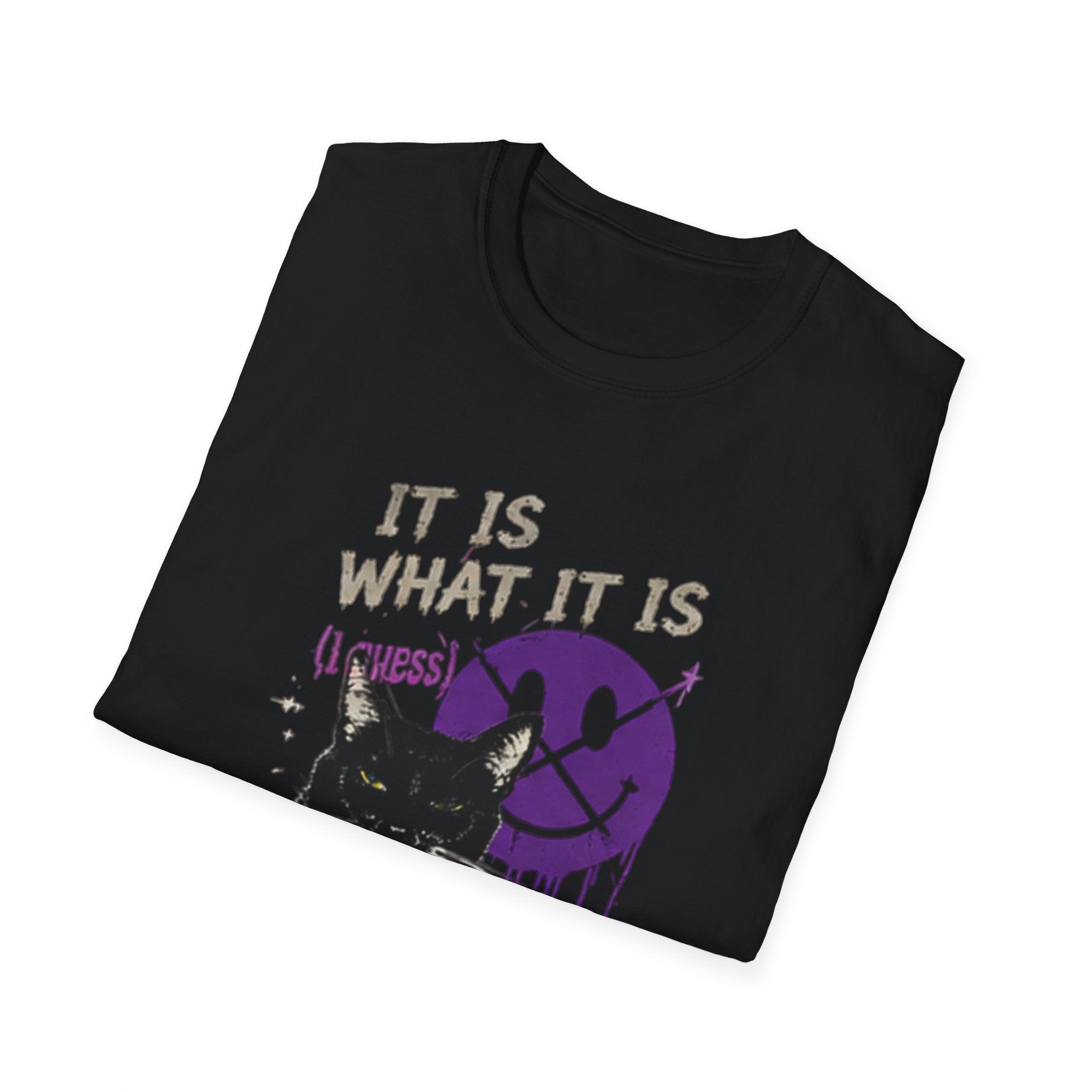 Grinning Black Cat with Purple Drip Smiley T-Shirt | It Is What It Is