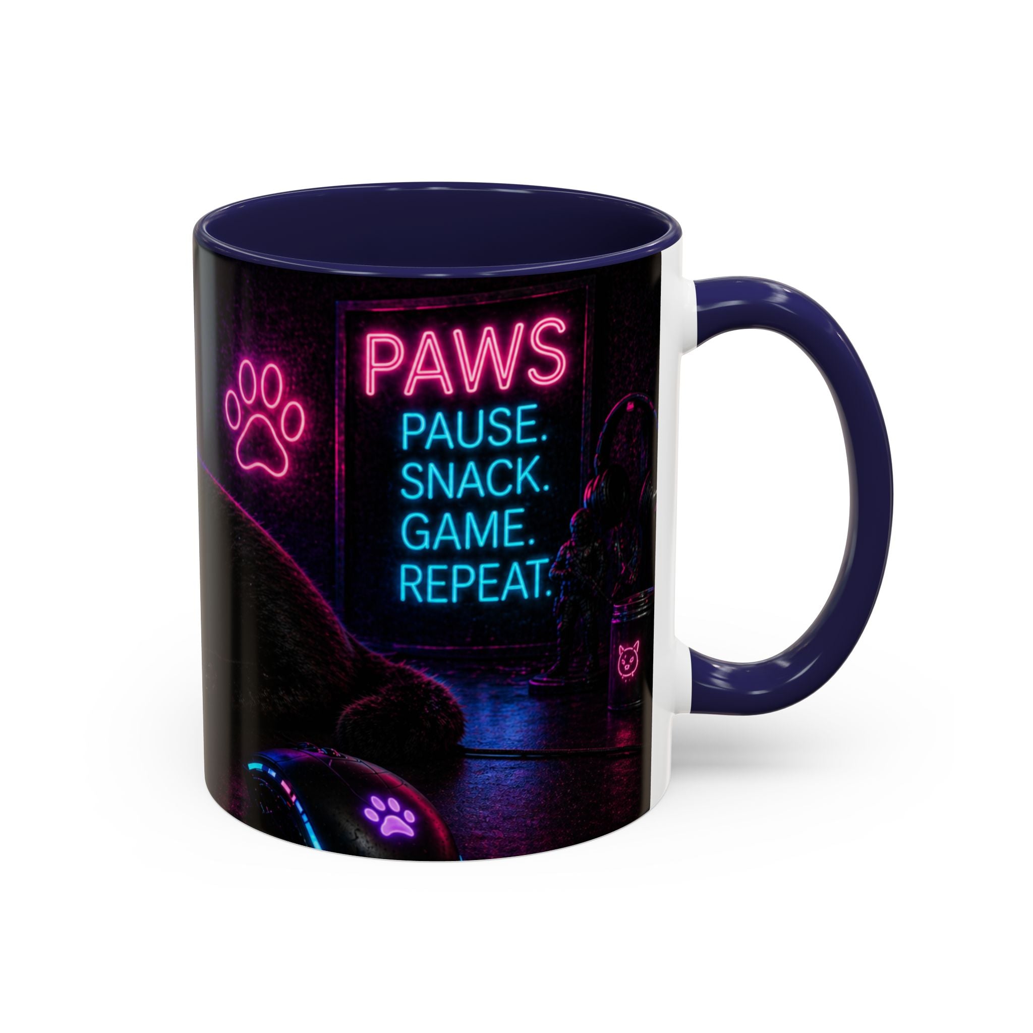 PAWS Pause Snack Game Repeat Cat Coffee Mug | Neon Gaming Cat Mug