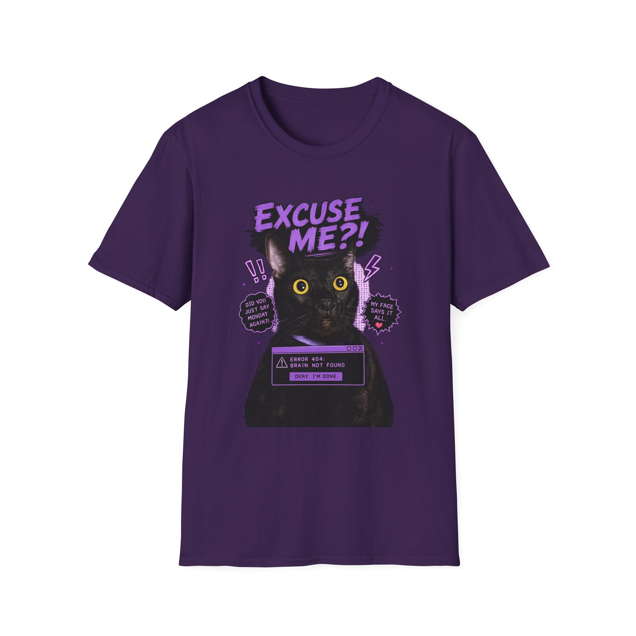 Excuse Me?! Black Cat Graphic T-Shirt | Retro Purple Horror Pop Art