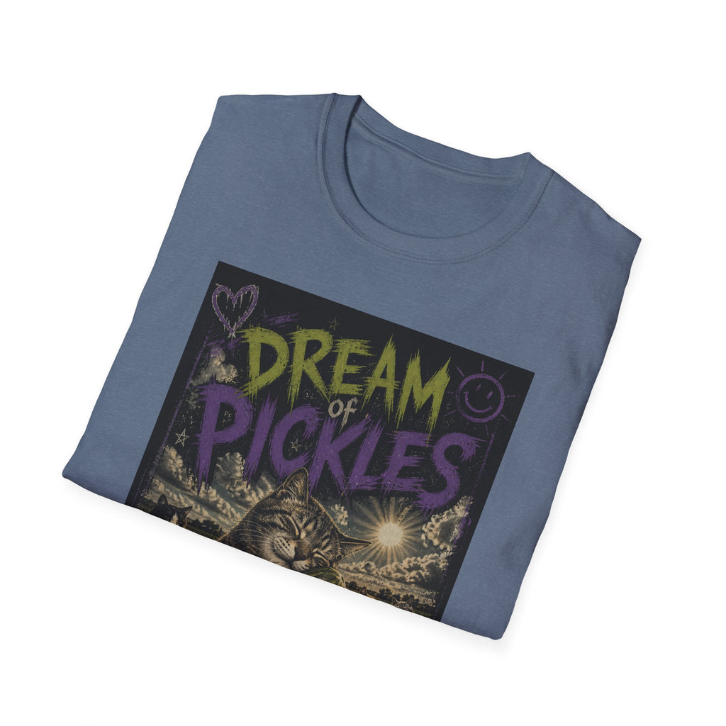 Dream of Pickles cat illustration T-Shirt | whimsical night scene, purple text