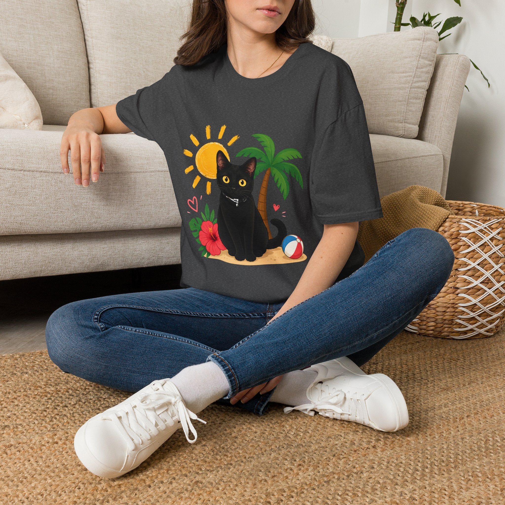 Black Cat Beach Scene T-Shirt | Palm Tree, Sun, Hibiscus