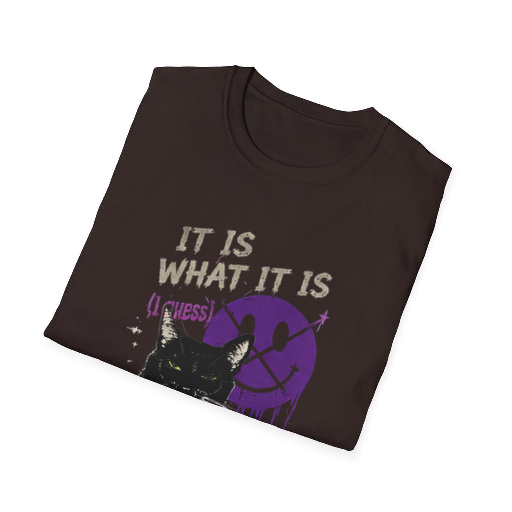 Grinning Black Cat with Purple Drip Smiley T-Shirt | It Is What It Is