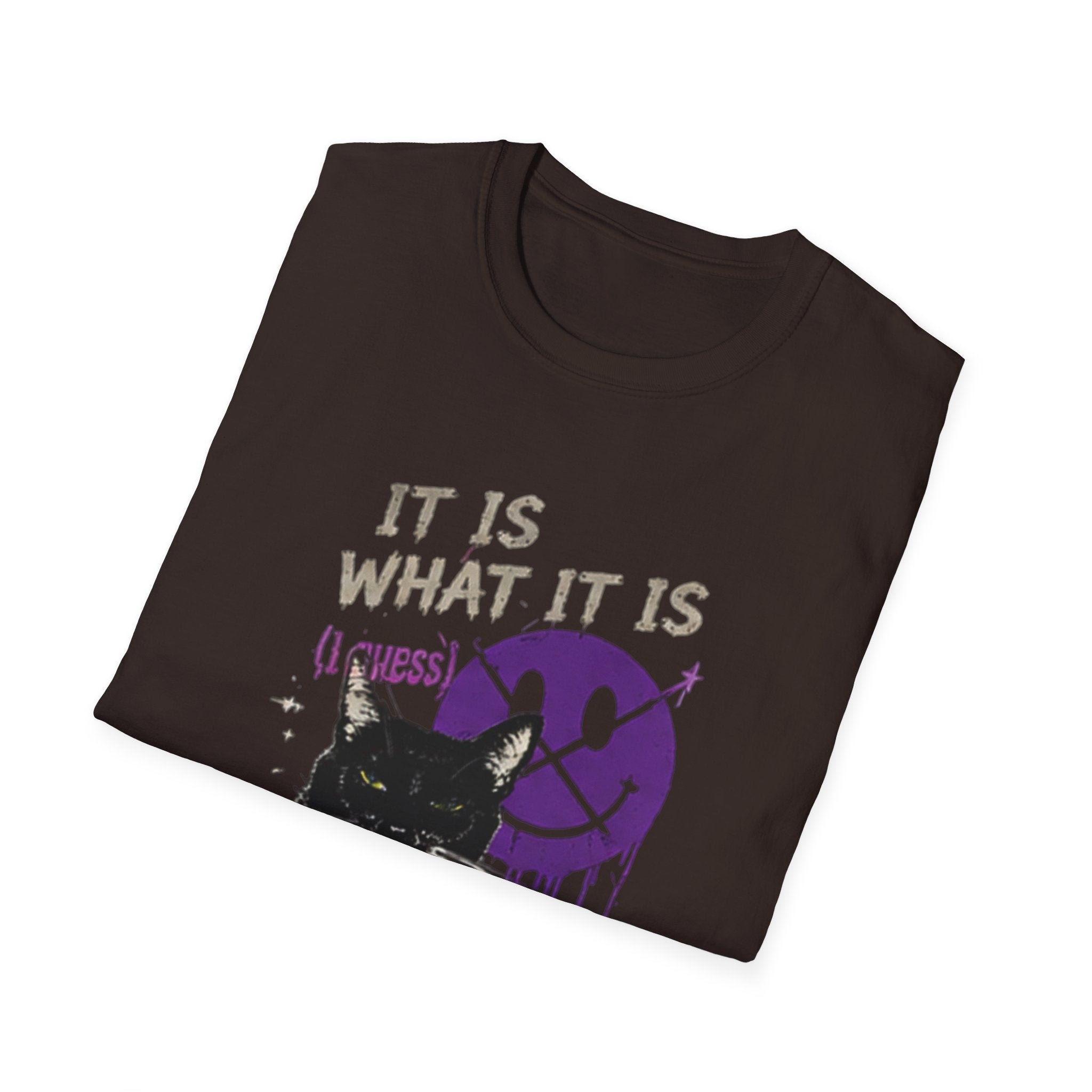 Grinning Black Cat with Purple Drip Smiley T-Shirt | It Is What It Is