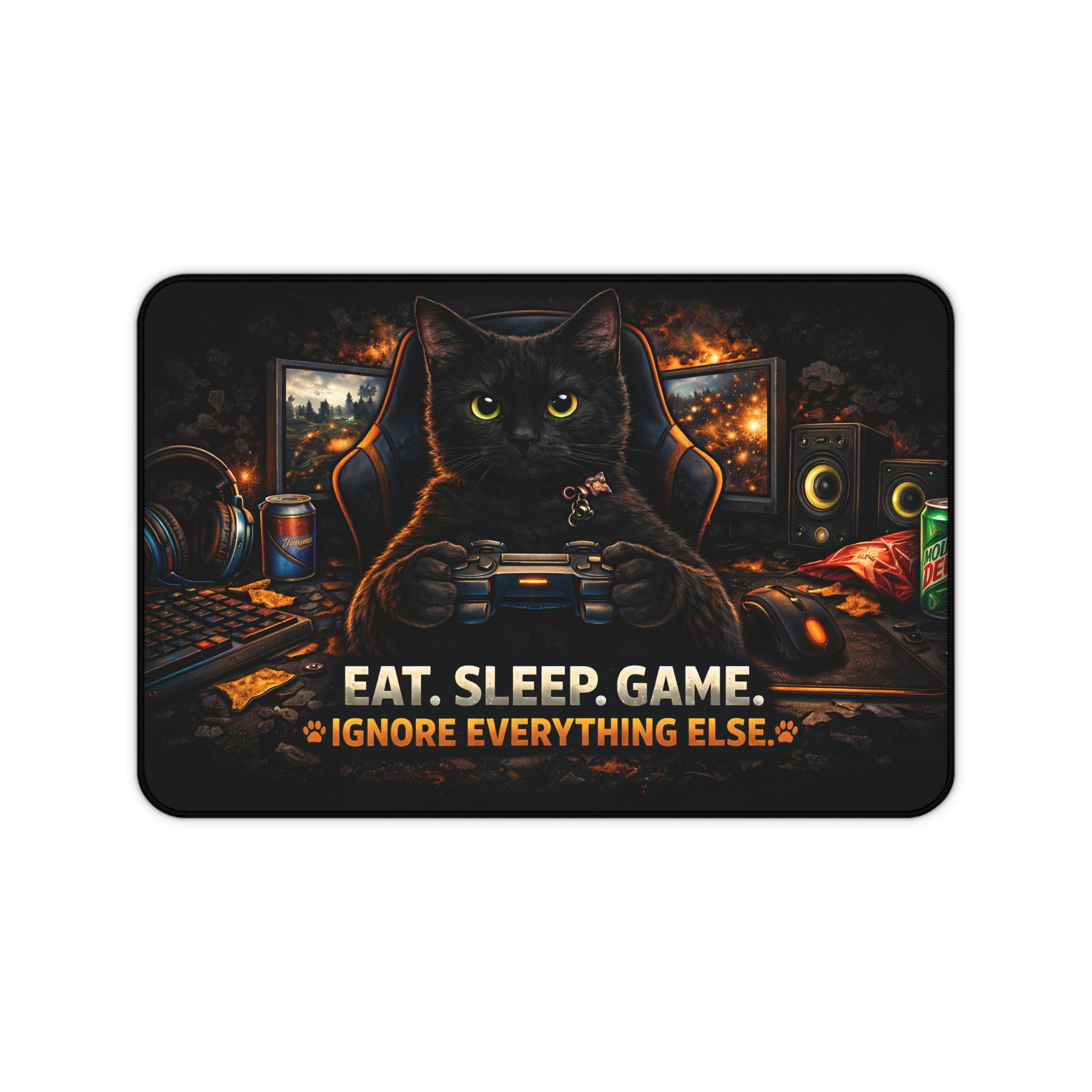 Black Cat Eat Sleep Game Desk Mat | Cute Gaming Mousepad, Cat Lover Desk Pad