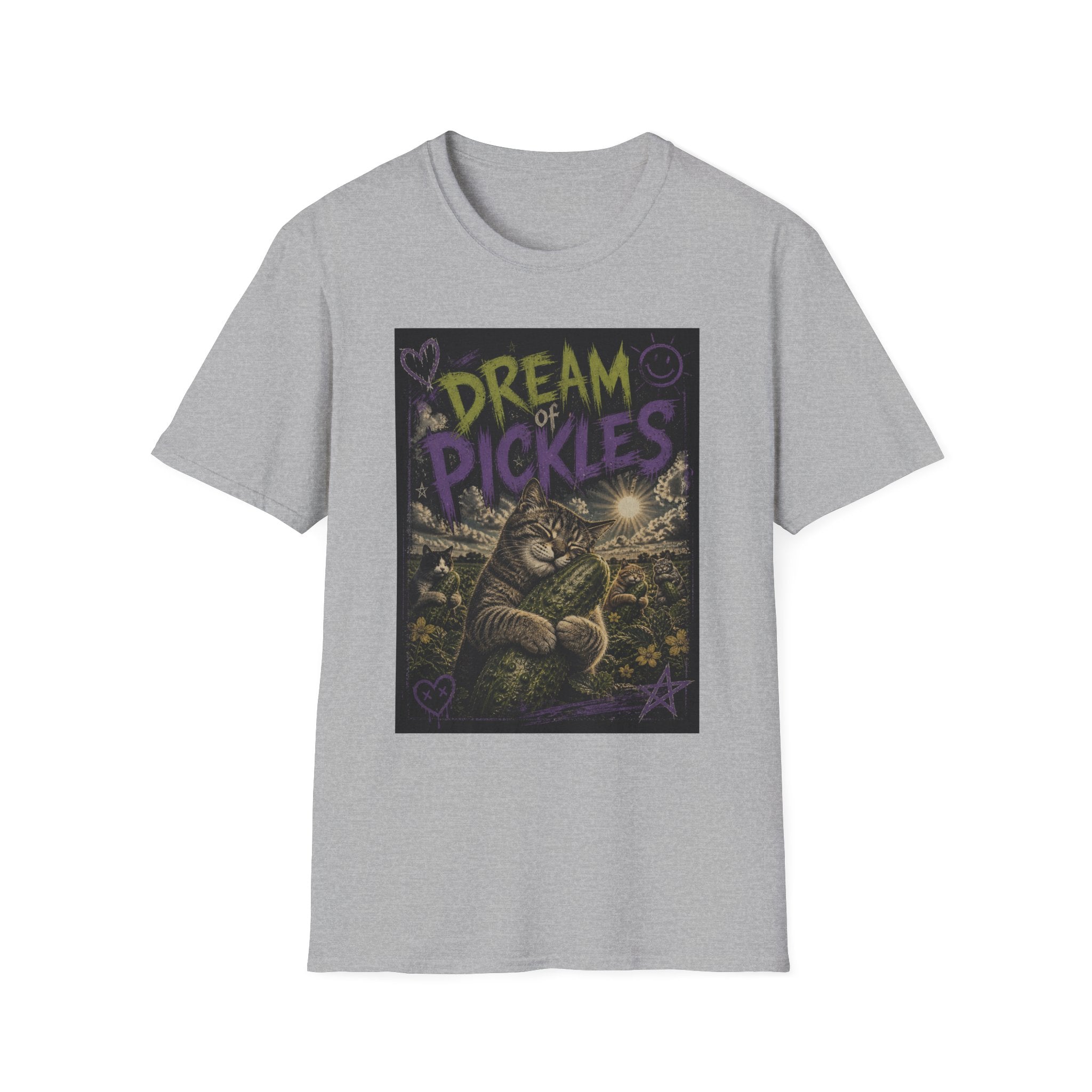 Dream of Pickles cat illustration T-Shirt | whimsical night scene, purple text