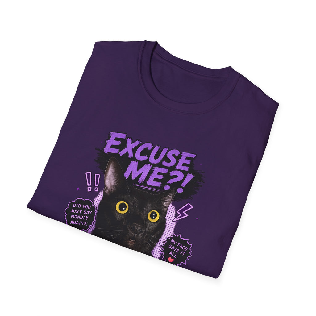 Excuse Me?! Black Cat Graphic T-Shirt | Retro Purple Horror Pop Art