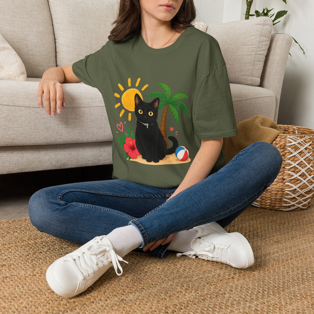 Black Cat Beach Scene T-Shirt | Palm Tree, Sun, Hibiscus