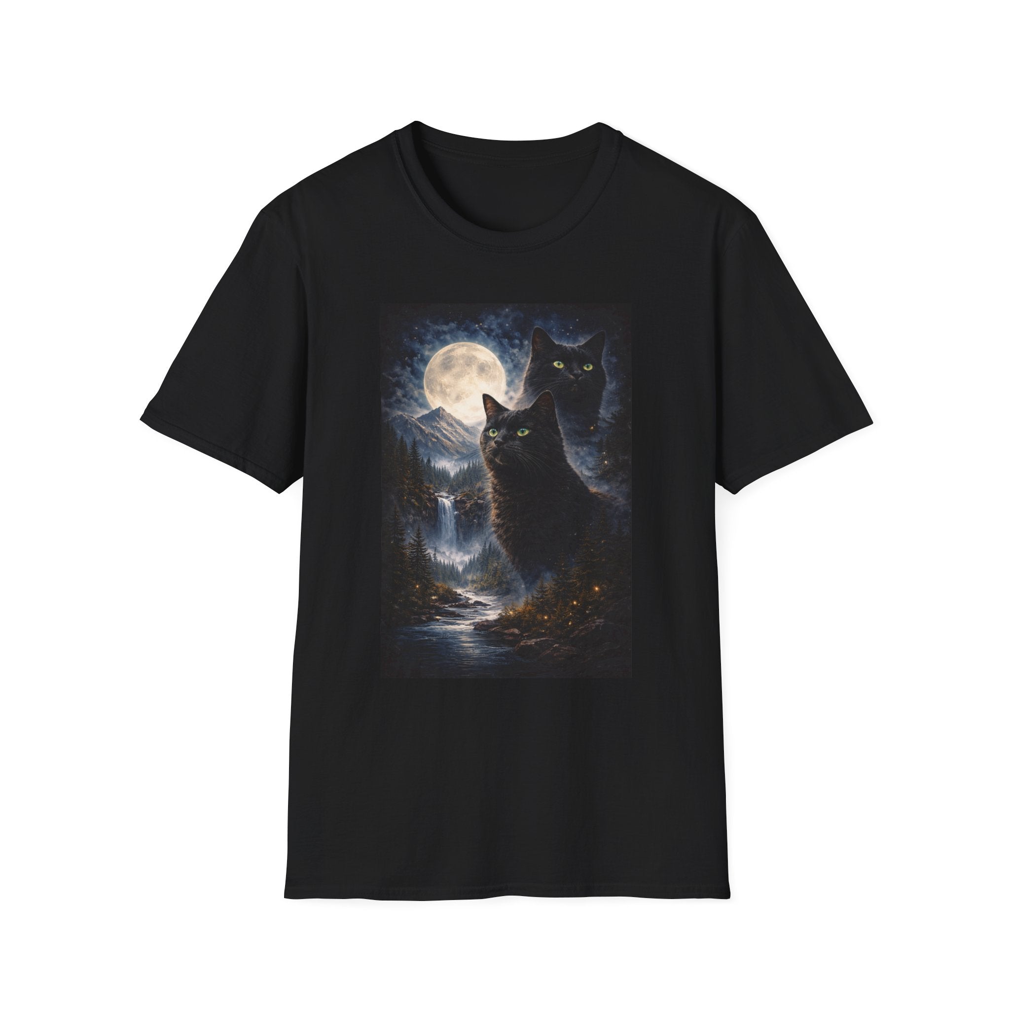 Moonlit Black Cats T-Shirt | Full Moon, Night Forest, Mystical Cat Art