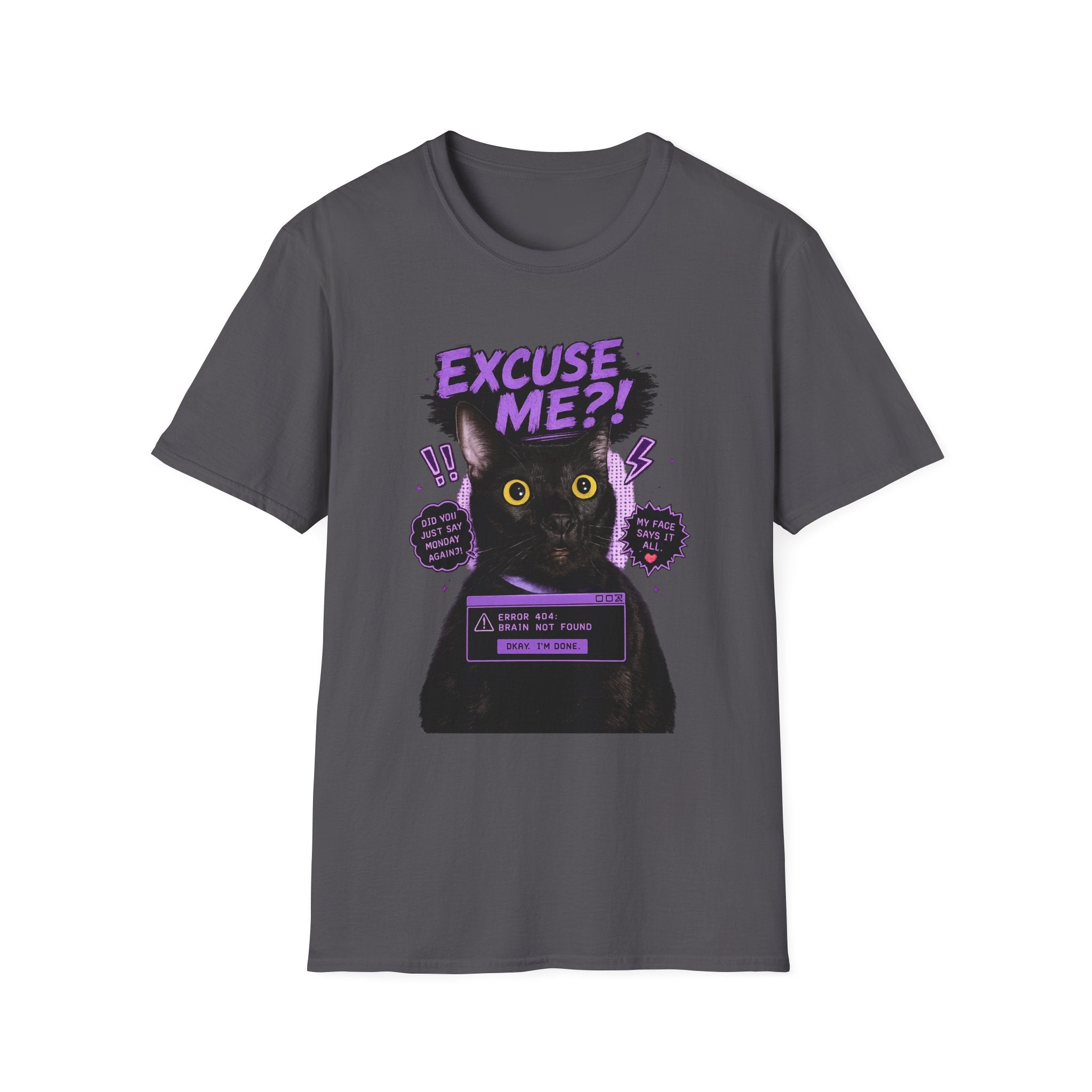 Excuse Me?! Black Cat Graphic T-Shirt | Retro Purple Horror Pop Art