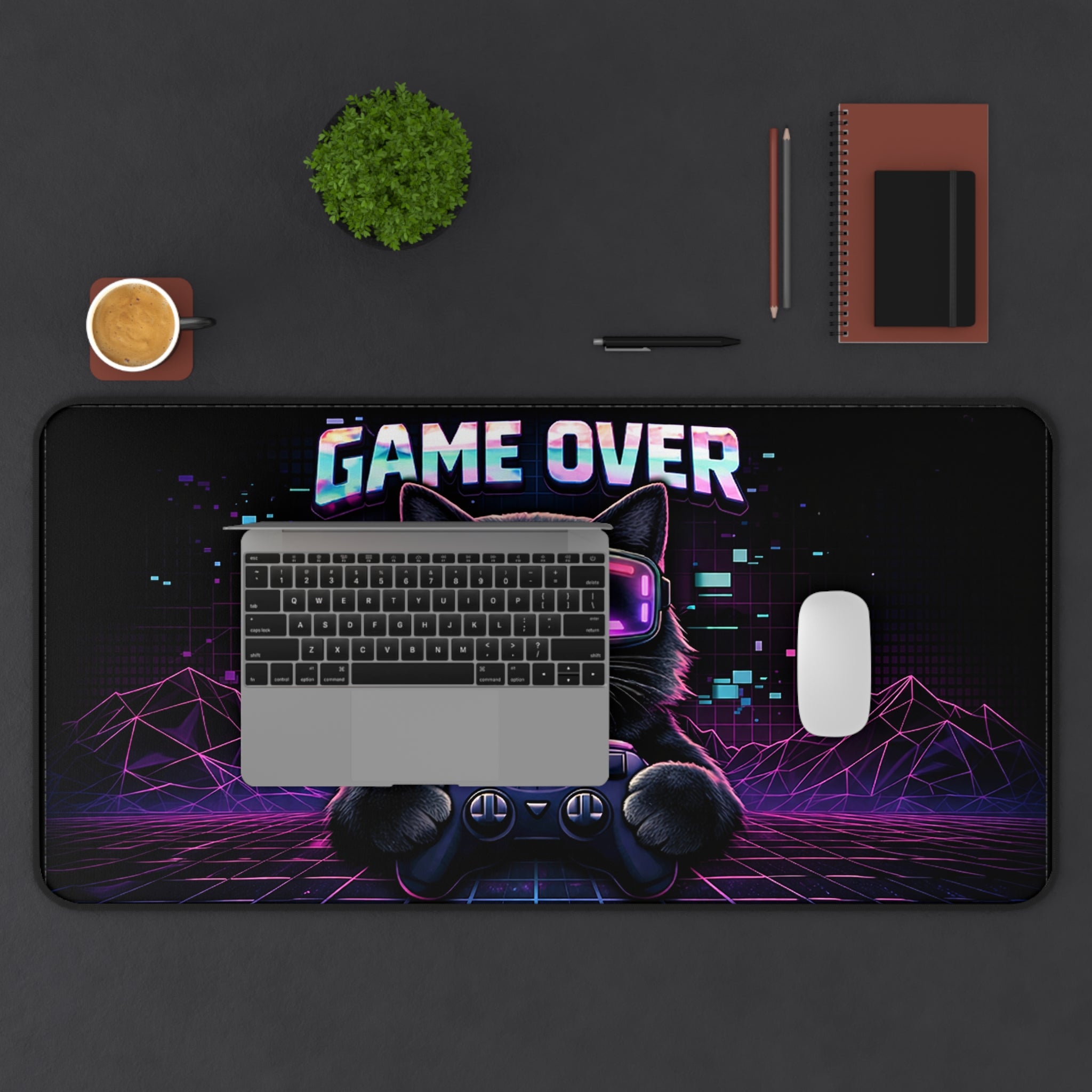 Game Over Retro Cyberpunk Cat Desk Mat | Gaming Mouse Pad