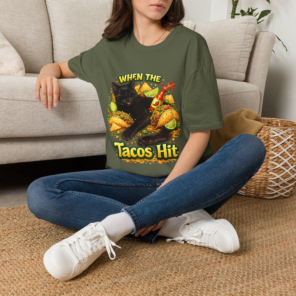 When The Tacos Hit T-Shirt | Cat, Tacos, Hot Sauce, Funny Food Graphic