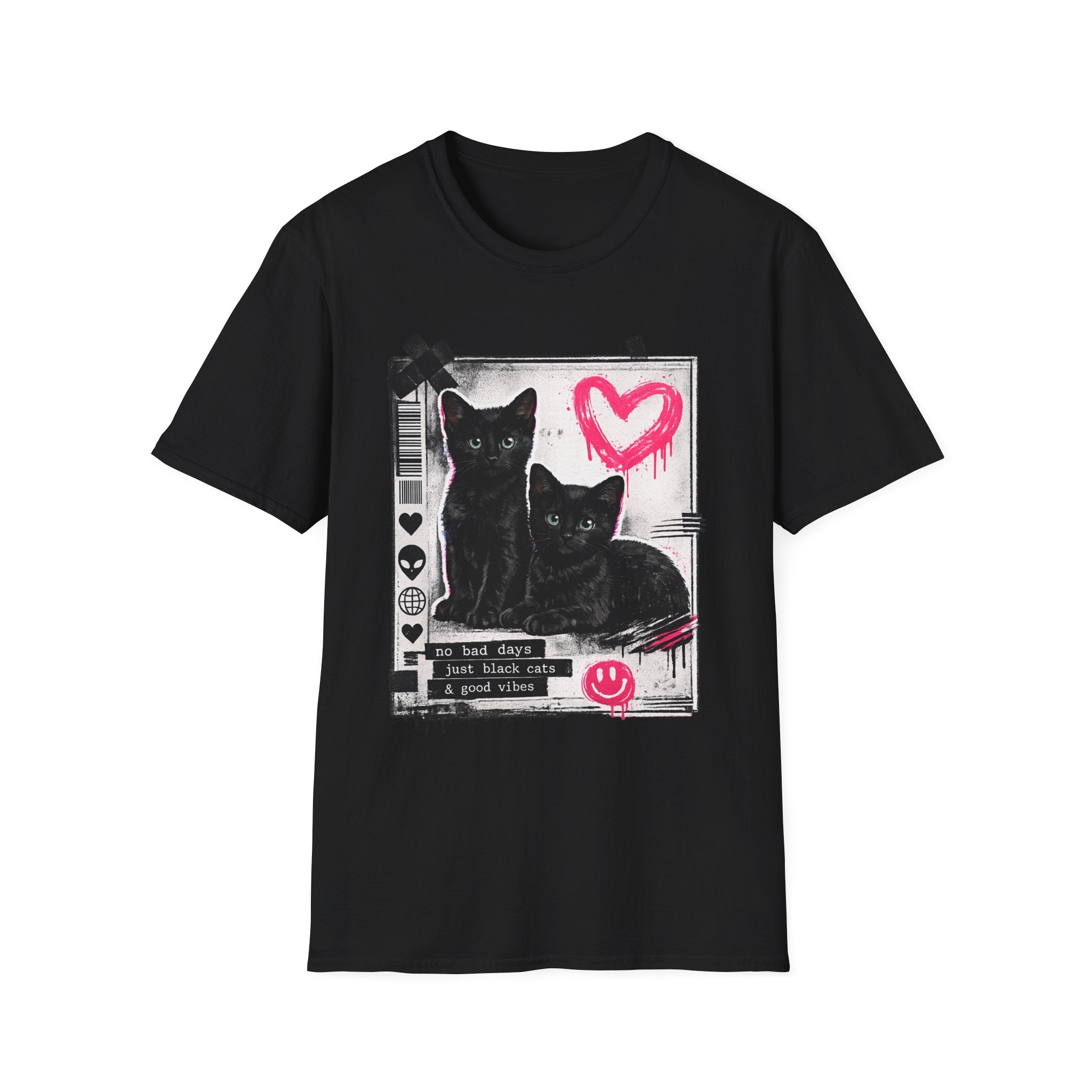 Black Kittens with Pink Heart T-Shirt | Grunge Cat Graphic, Cute Goth