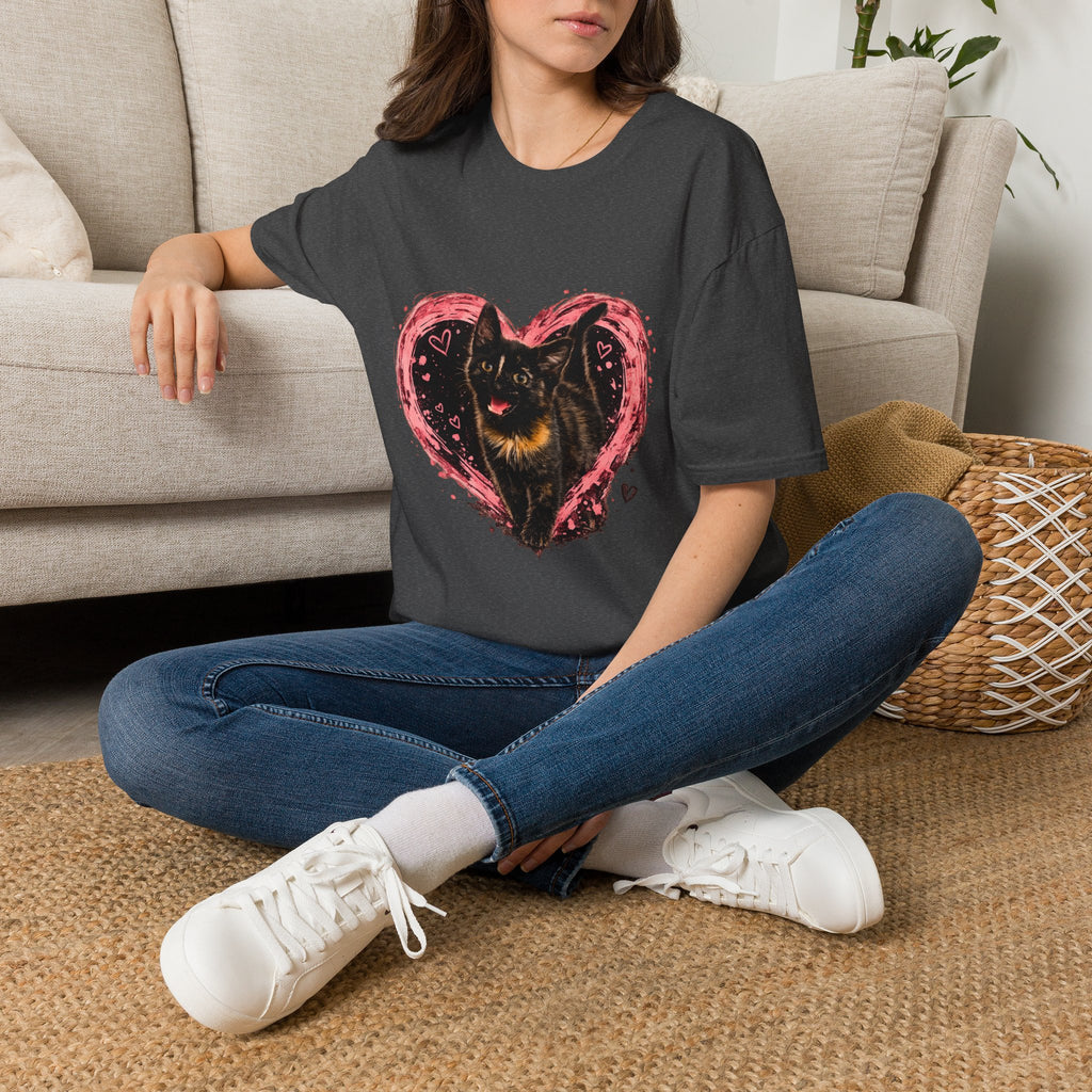 Black Cat in Pink Heart T-Shirt | Cute Cat Portrait Tee