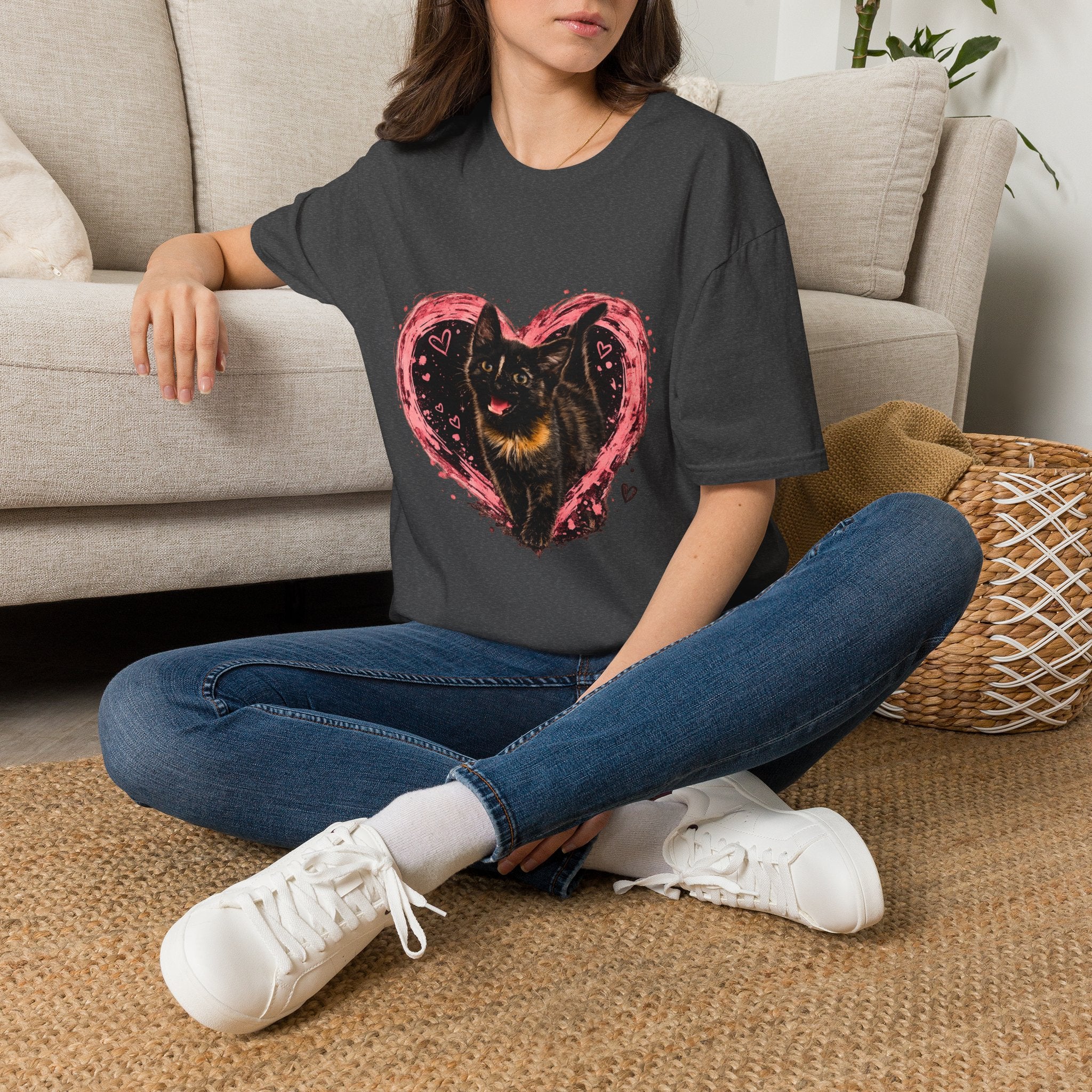 Black Cat in Pink Heart T-Shirt | Cute Cat Portrait Tee