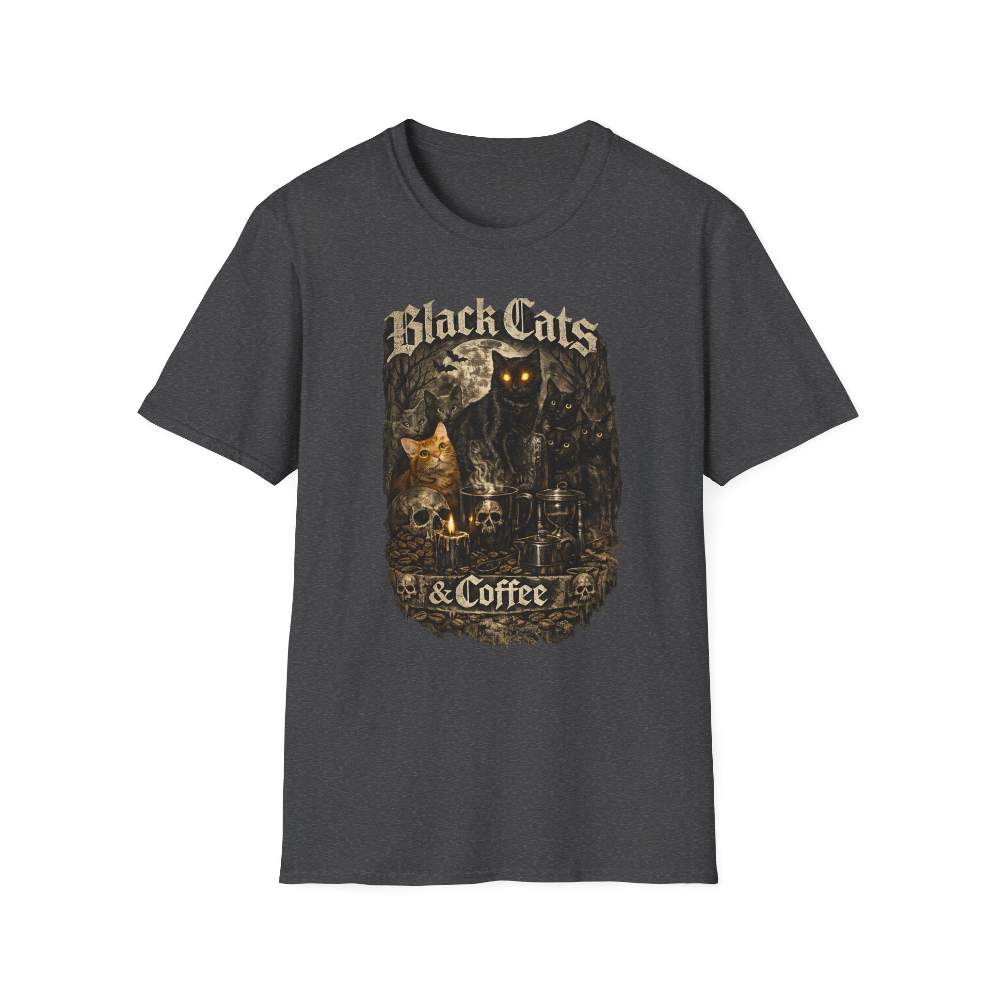 Black Cats & Coffee T-Shirt | Vintage Gothic Cat Illustration, Coffee Lover