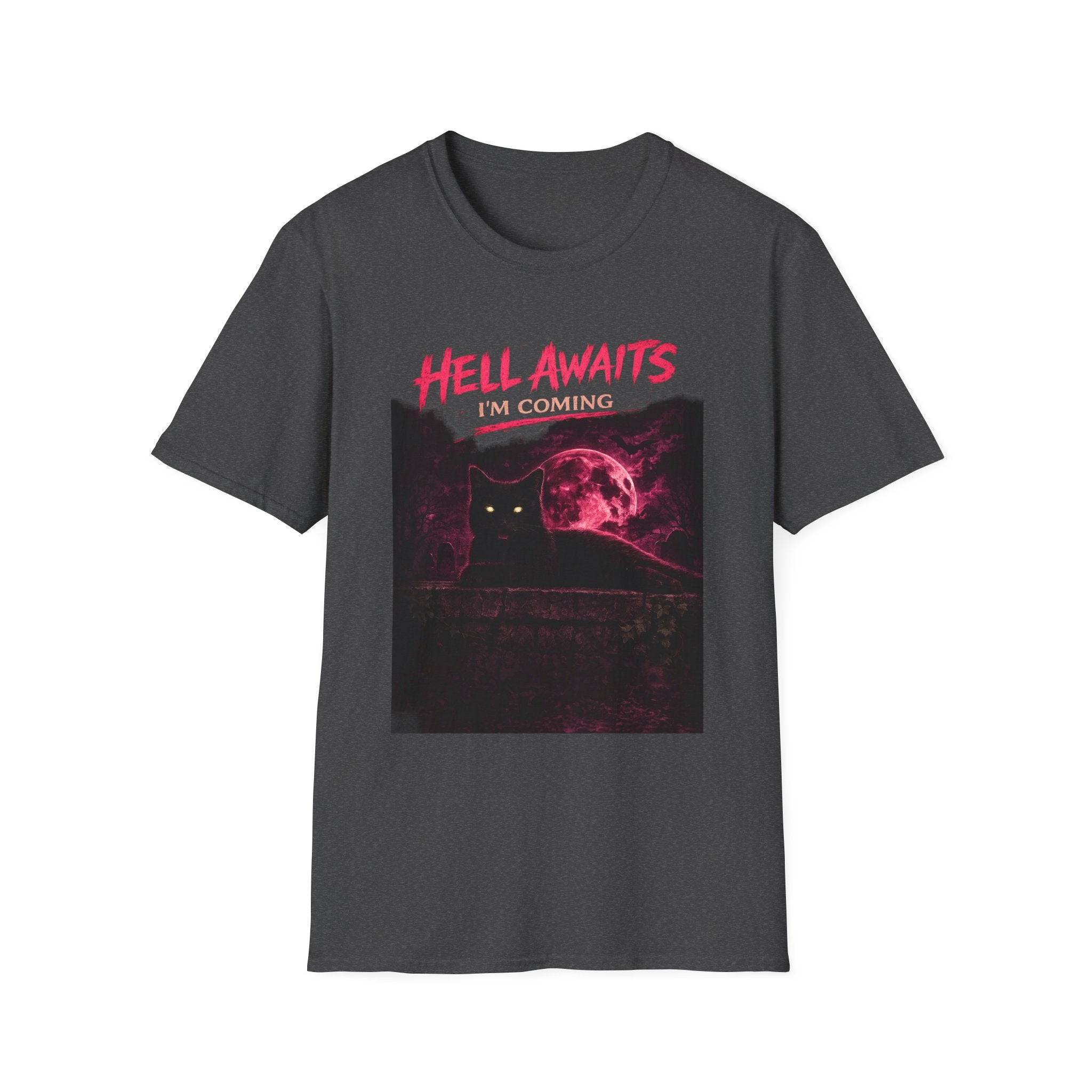 Hell Awaits I'm Coming cat graphic T-Shirt | Gothic moon, neon pink horror