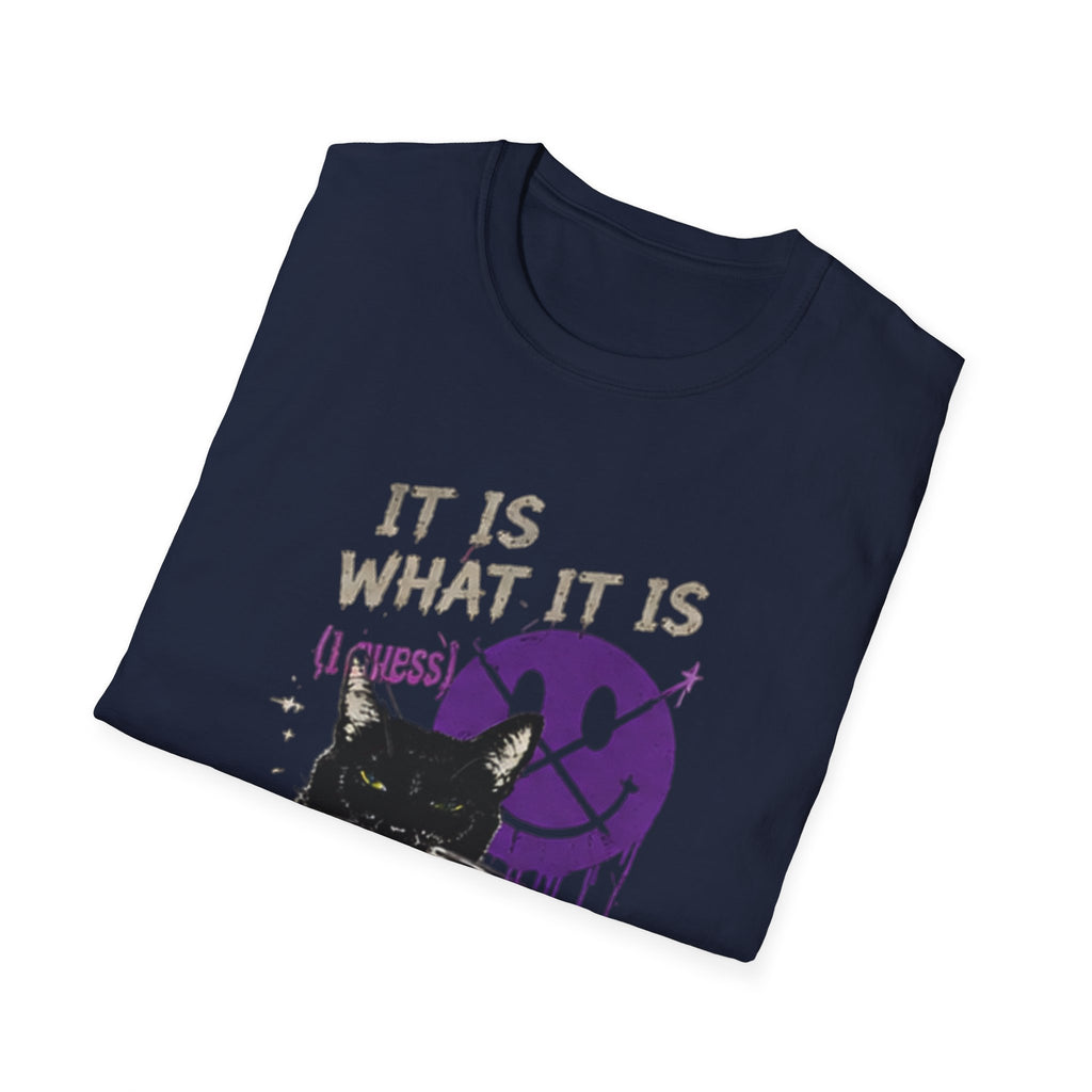 Grinning Black Cat with Purple Drip Smiley T-Shirt | It Is What It Is