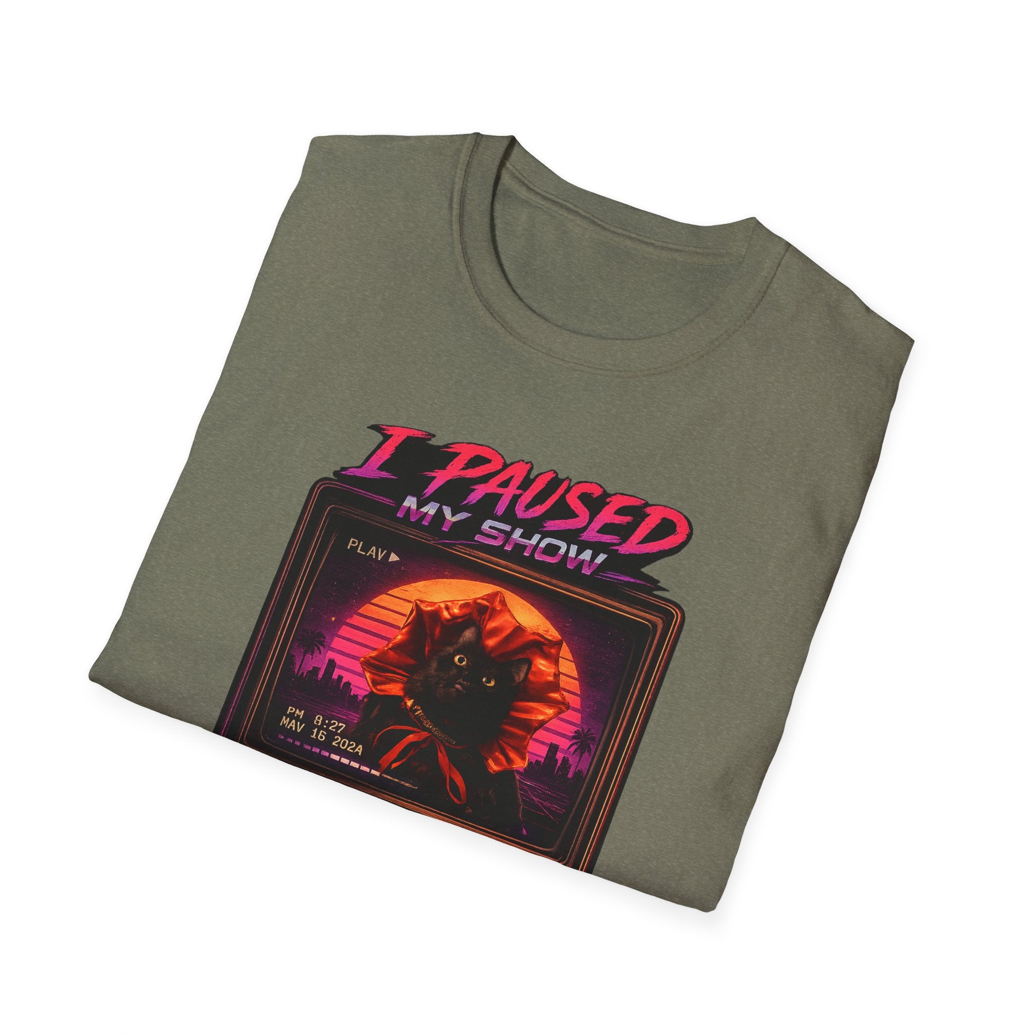 I Paused My Show Cat Watching Graphic T-Shirt | Retro Synthwave TV Design