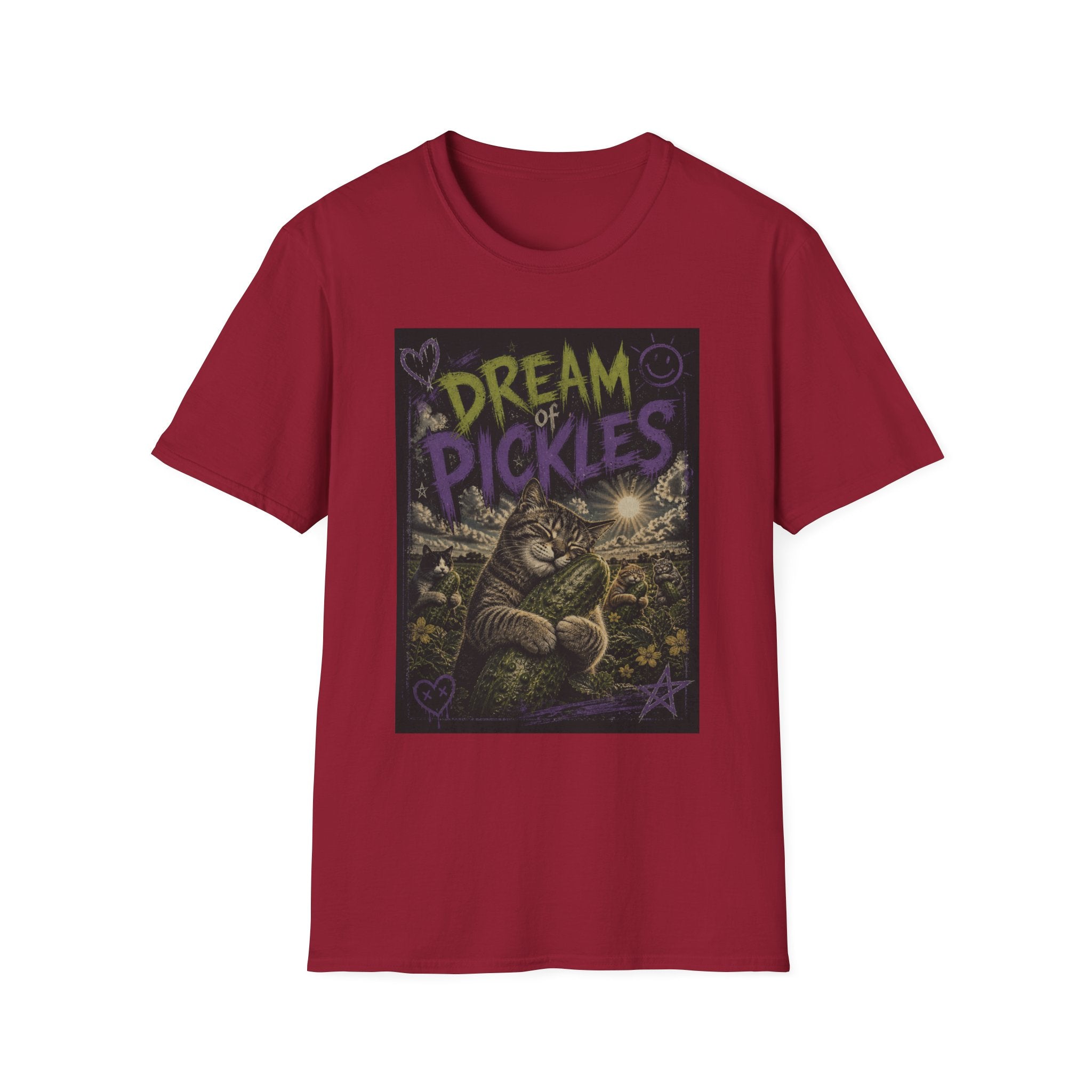 Dream of Pickles cat illustration T-Shirt | whimsical night scene, purple text