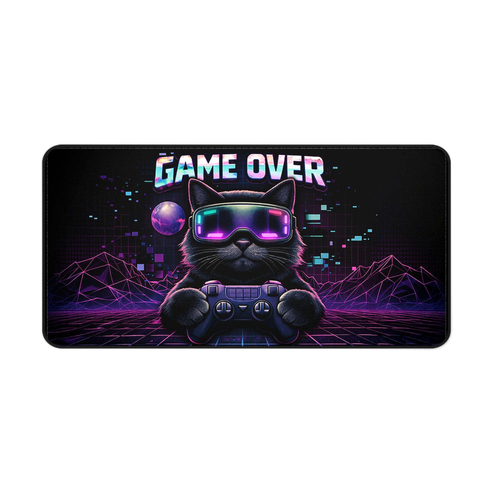 Game Over Retro Cyberpunk Cat Desk Mat | Gaming Mouse Pad