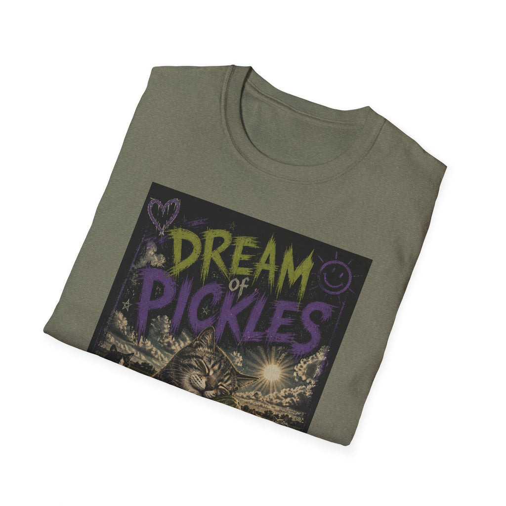 Dream of Pickles cat illustration T-Shirt | whimsical night scene, purple text