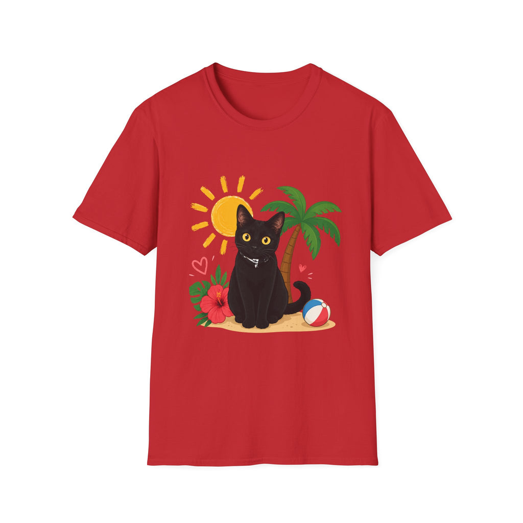 Black Cat Beach Scene T-Shirt | Palm Tree, Sun, Hibiscus