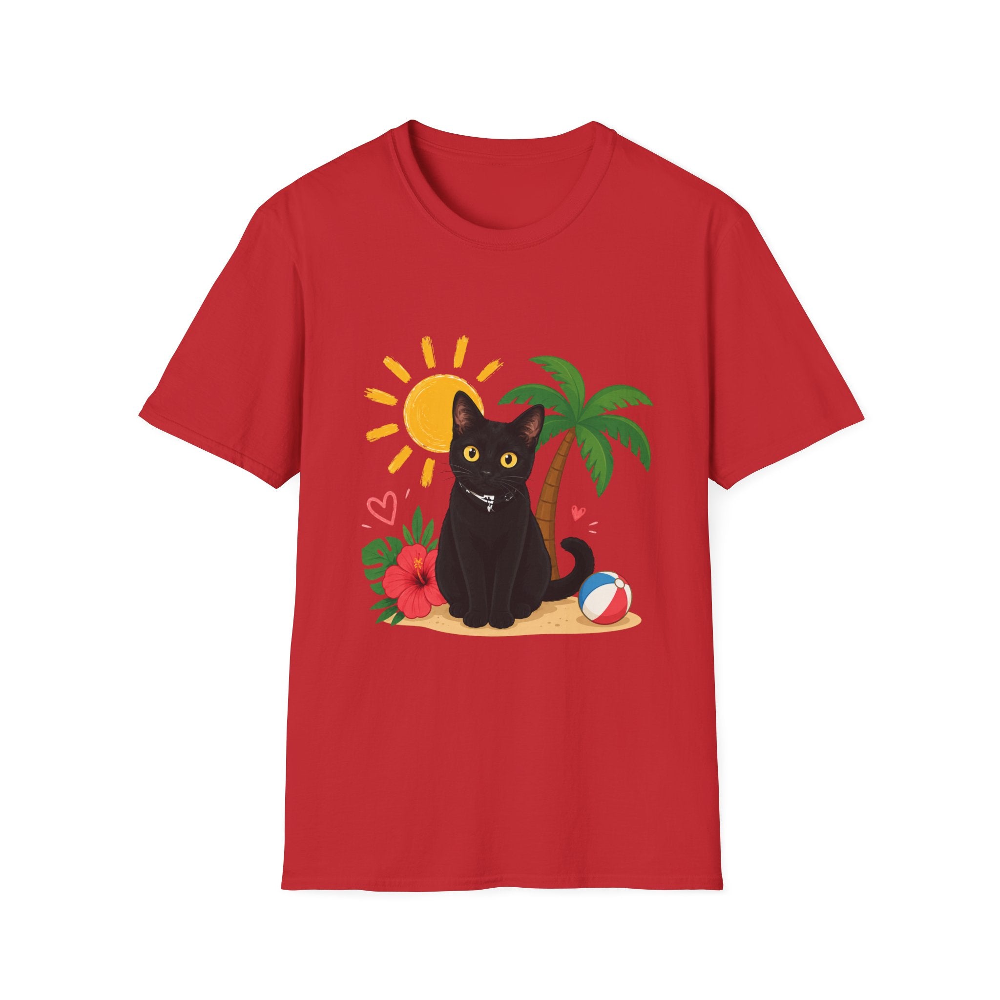 Black Cat Beach Scene T-Shirt | Palm Tree, Sun, Hibiscus