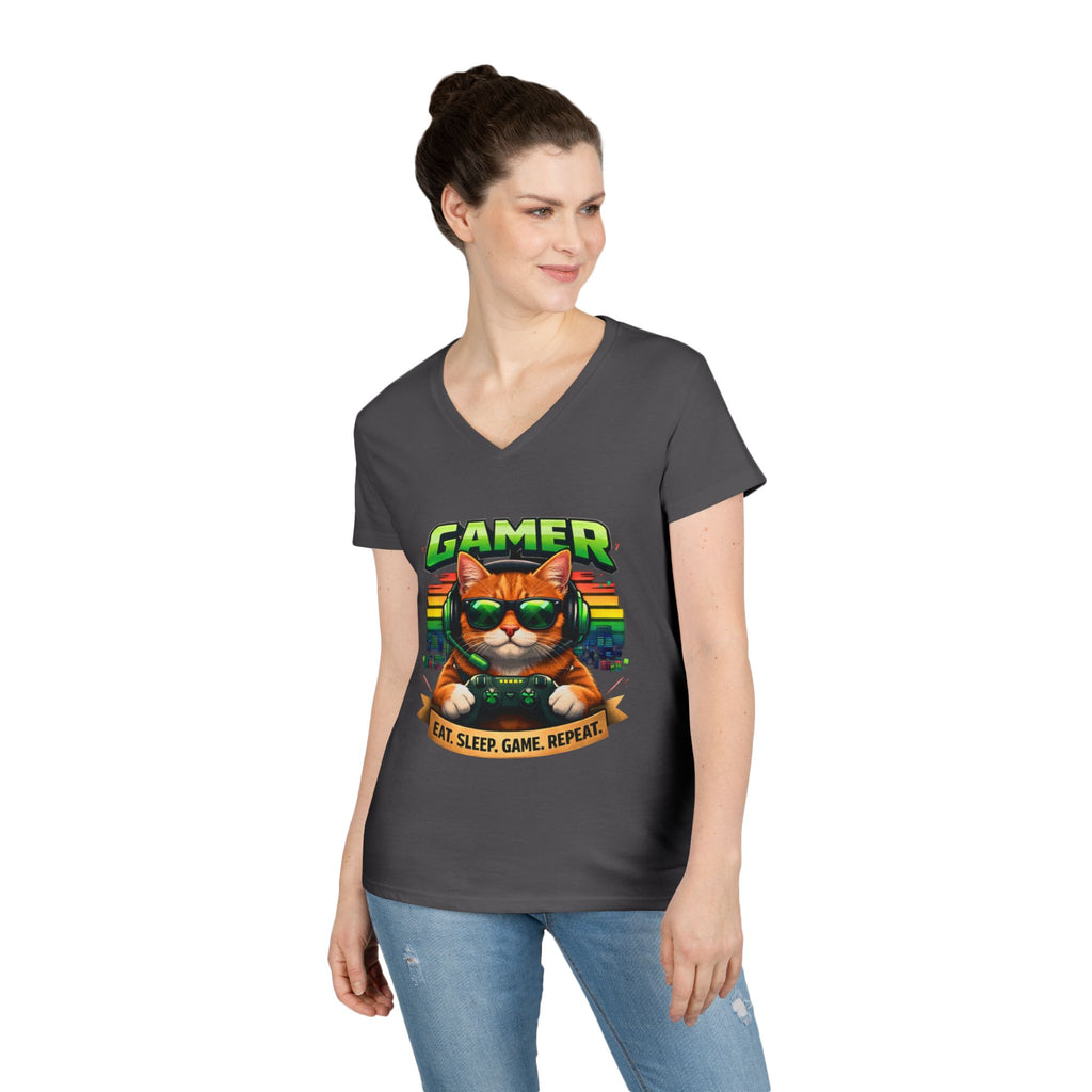 Gamer Cat Graphic Tee Ladies V-Neck T-Shirt | Retro Controller, Eat Sleep Game Repeat