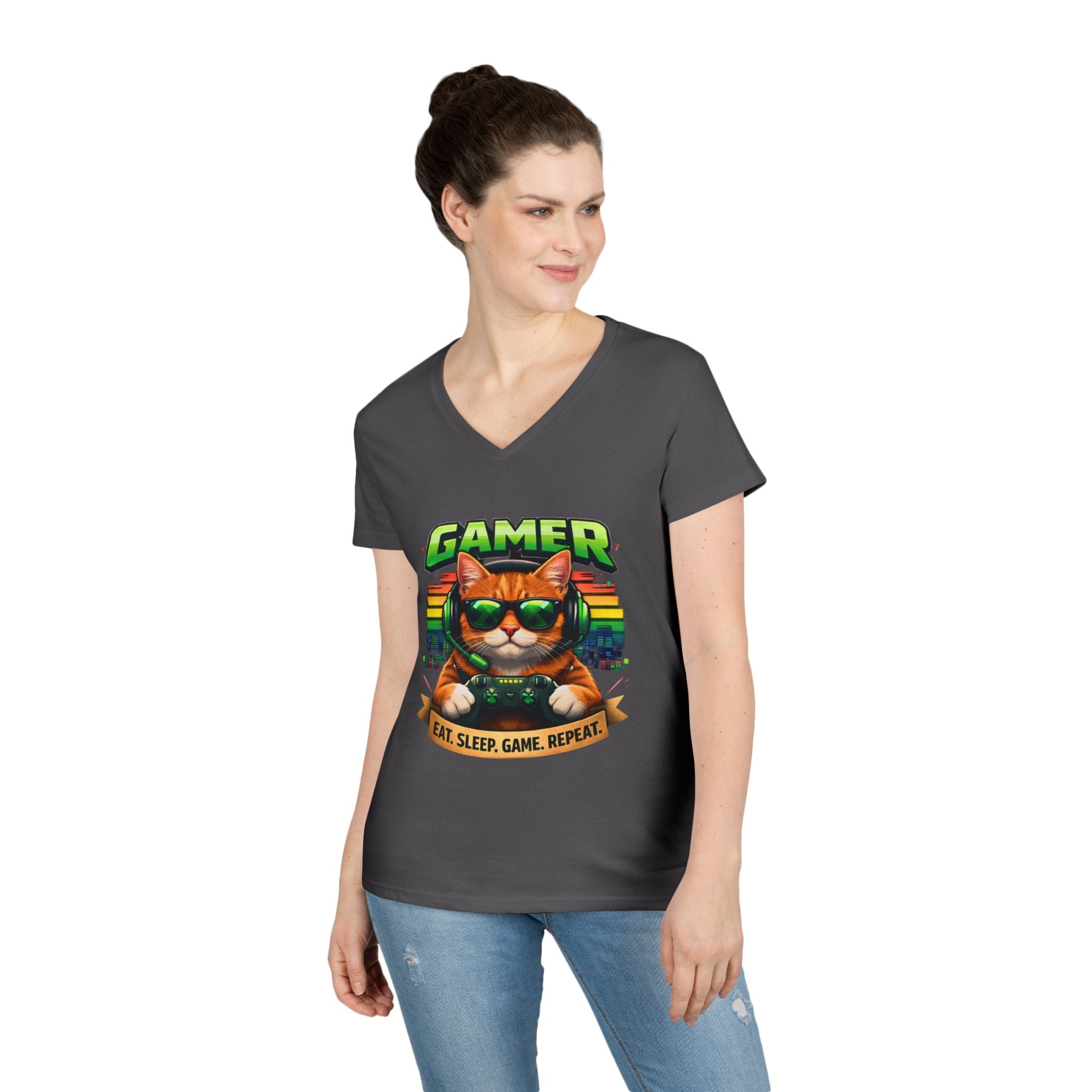 Gamer Cat Graphic Tee Ladies V-Neck T-Shirt | Retro Controller, Eat Sleep Game Repeat