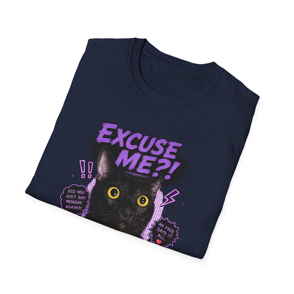 Excuse Me?! Black Cat Graphic T-Shirt | Retro Purple Horror Pop Art