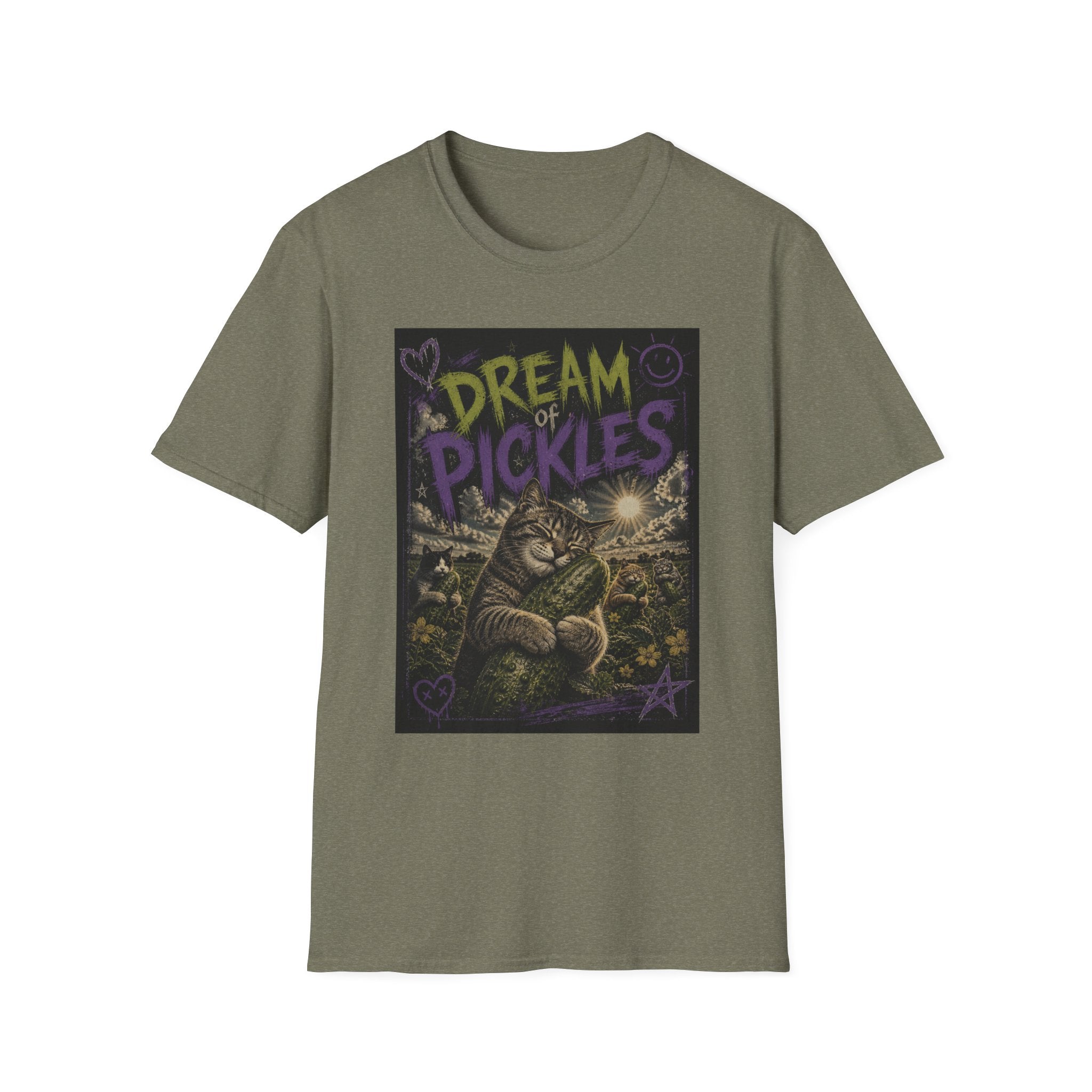 Dream of Pickles cat illustration T-Shirt | whimsical night scene, purple text