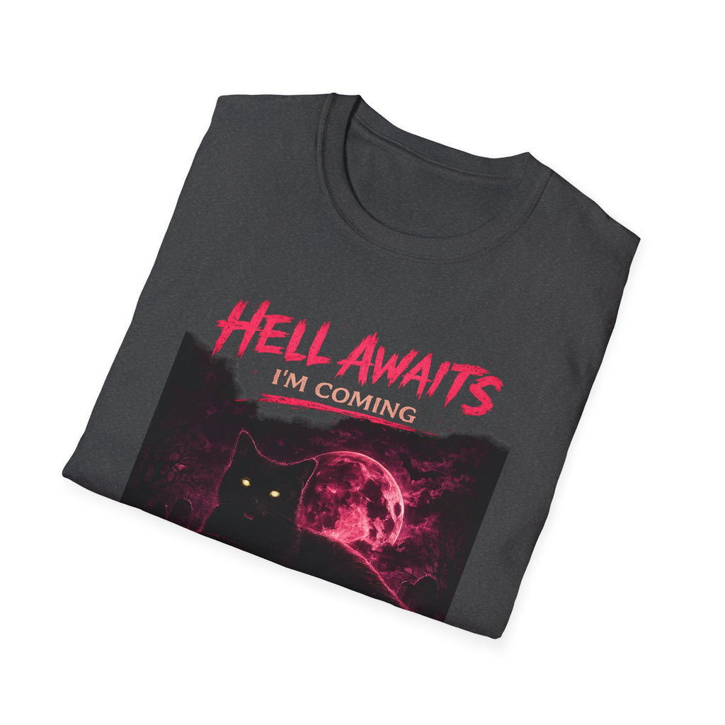 Hell Awaits I'm Coming cat graphic T-Shirt | Gothic moon, neon pink horror