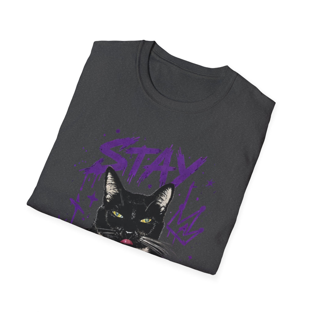 Stay Feral Cat Illustration T-Shirt | Black Cat, Purple Graffiti Text