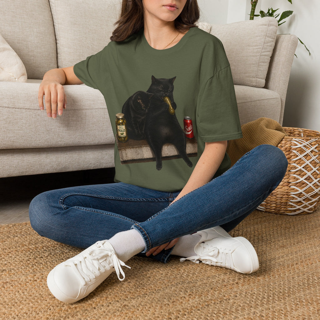 Black Cat Sitting with Drinks T-Shirt | Funny Cat Illustration