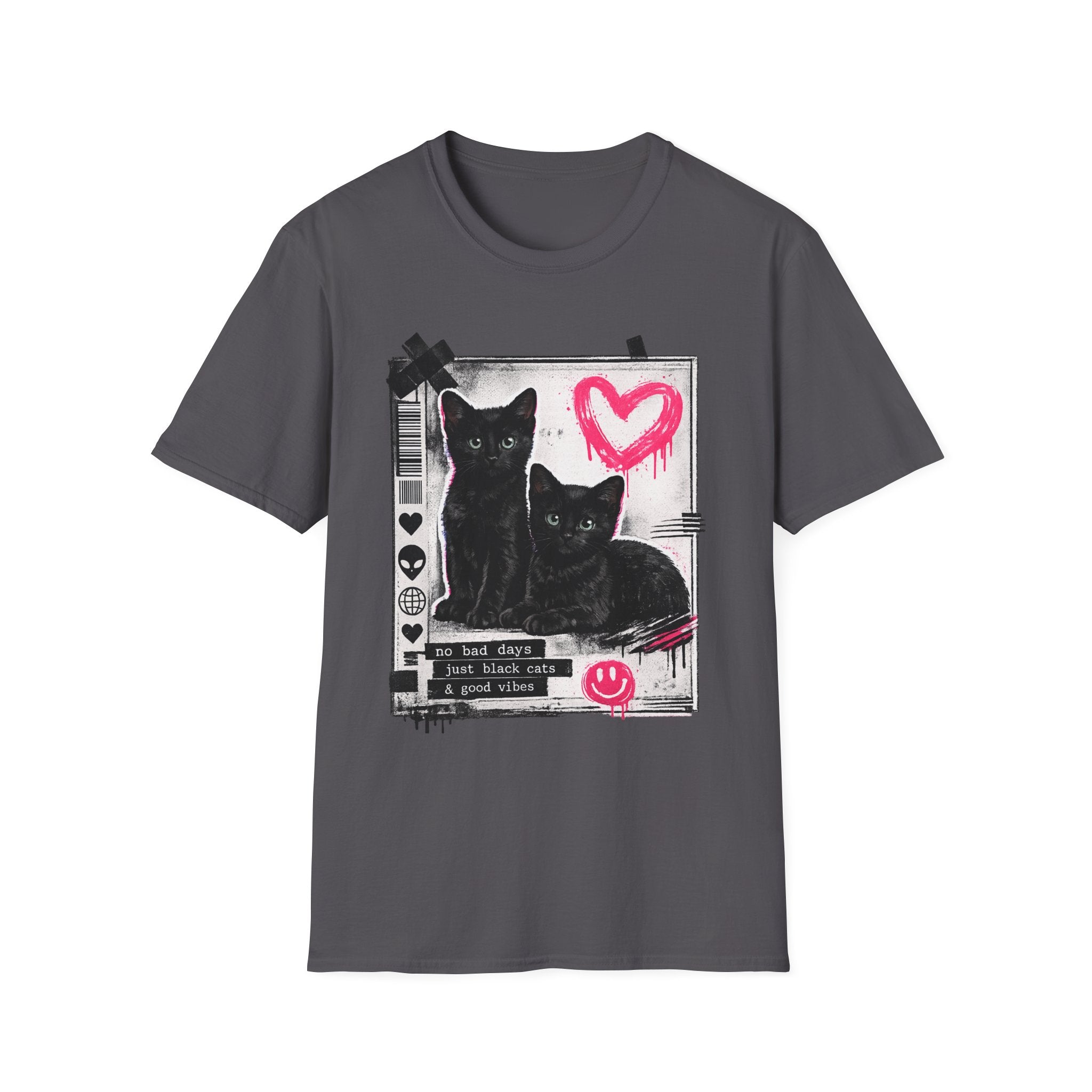 Black Kittens with Pink Heart T-Shirt | Grunge Cat Graphic, Cute Goth