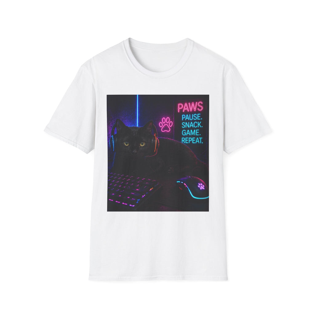 Paws Pause Snack Game Repeat T-Shirt | Cat Gamer Neon Design