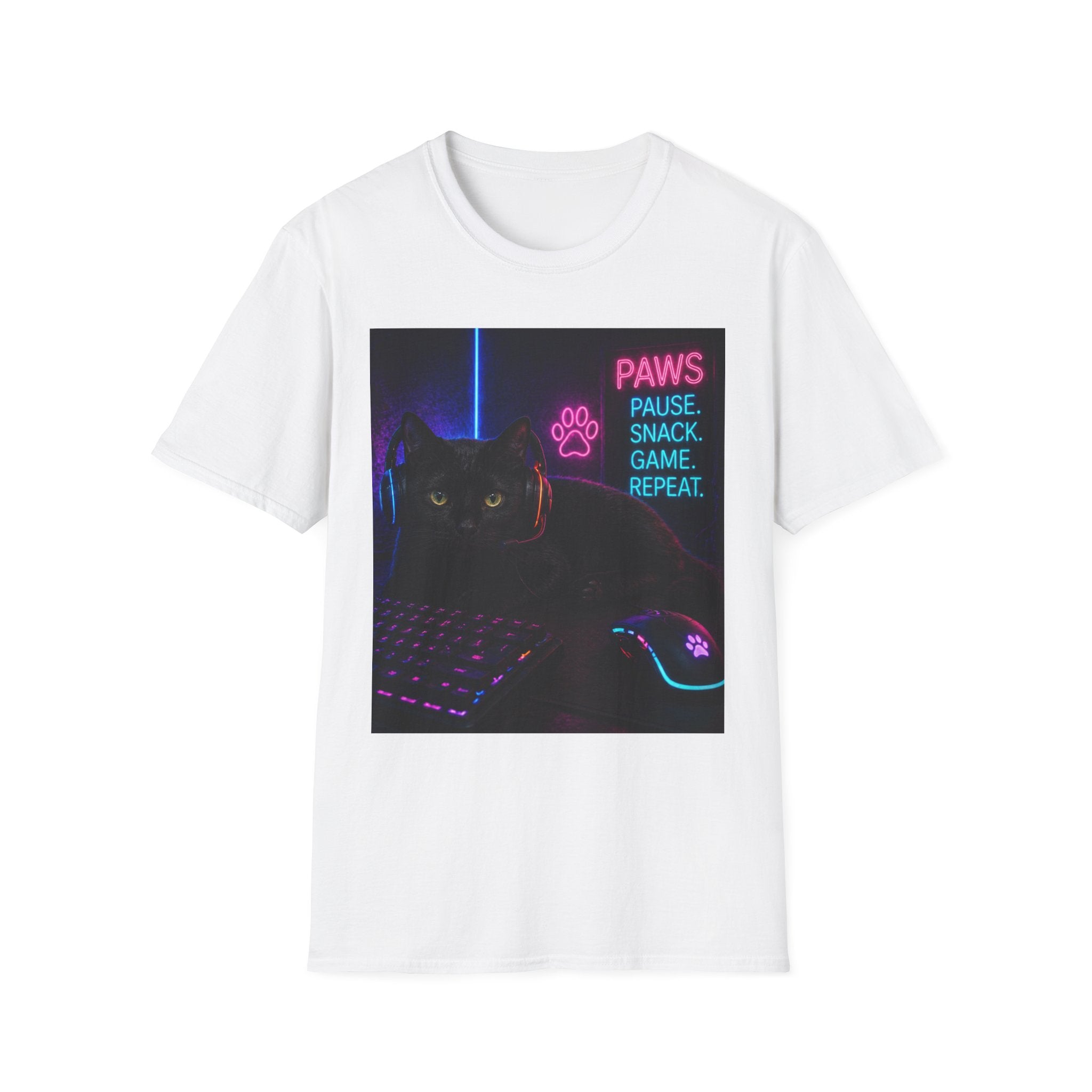 Paws Pause Snack Game Repeat T-Shirt | Cat Gamer Neon Design